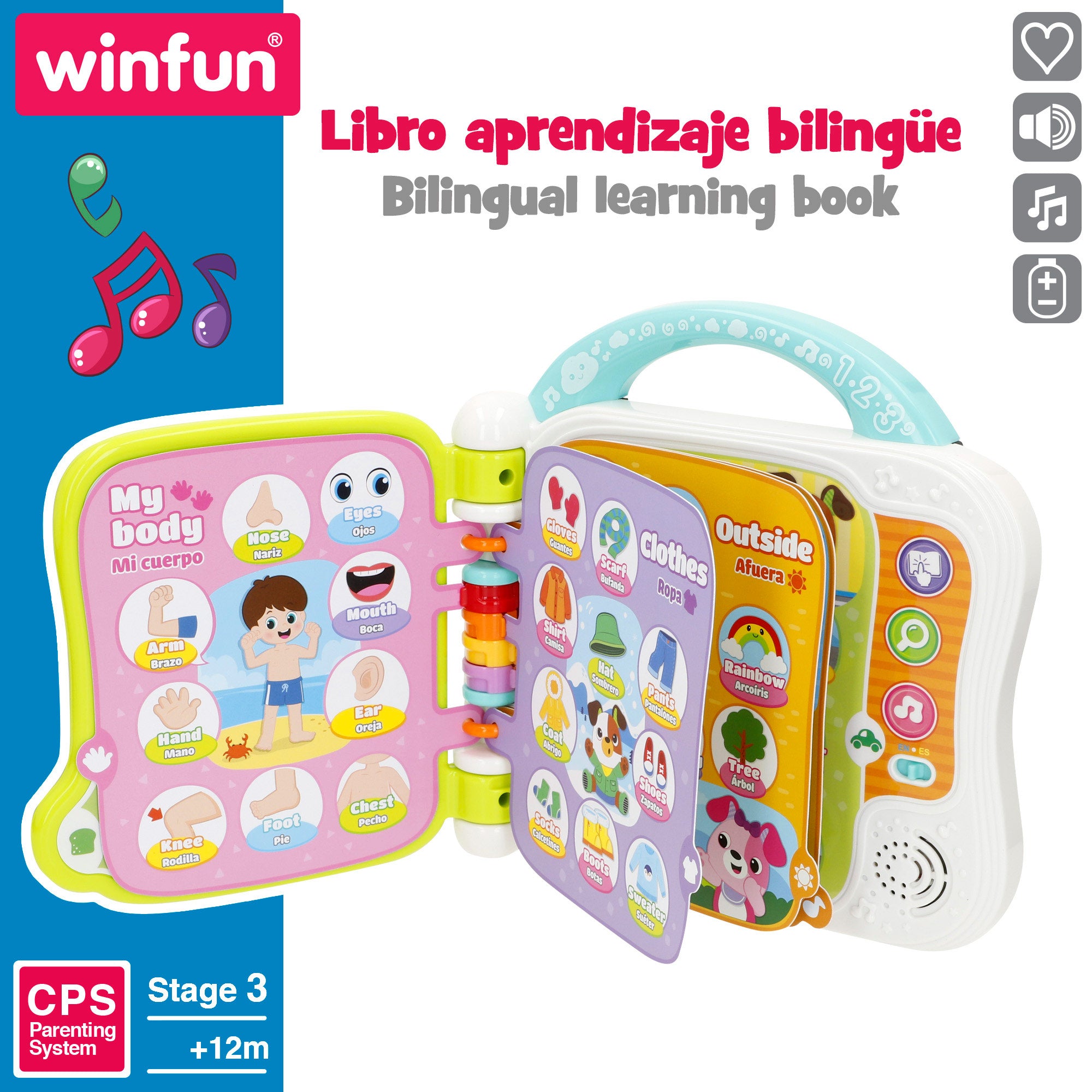 Livro Winfun para aprender as primeiras palavras em espanhol e inglês.