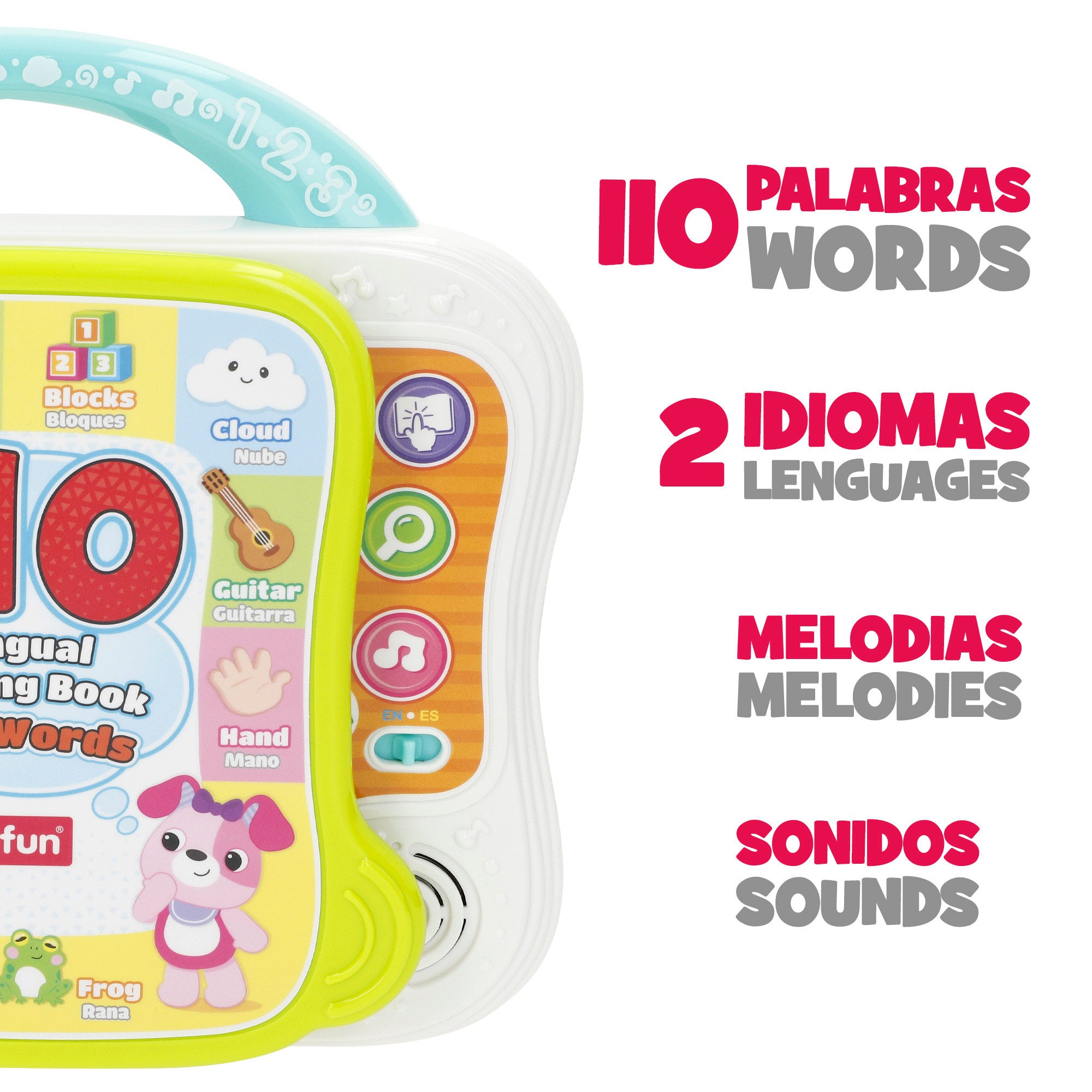 Livro Winfun para aprender as primeiras palavras em espanhol e inglês.