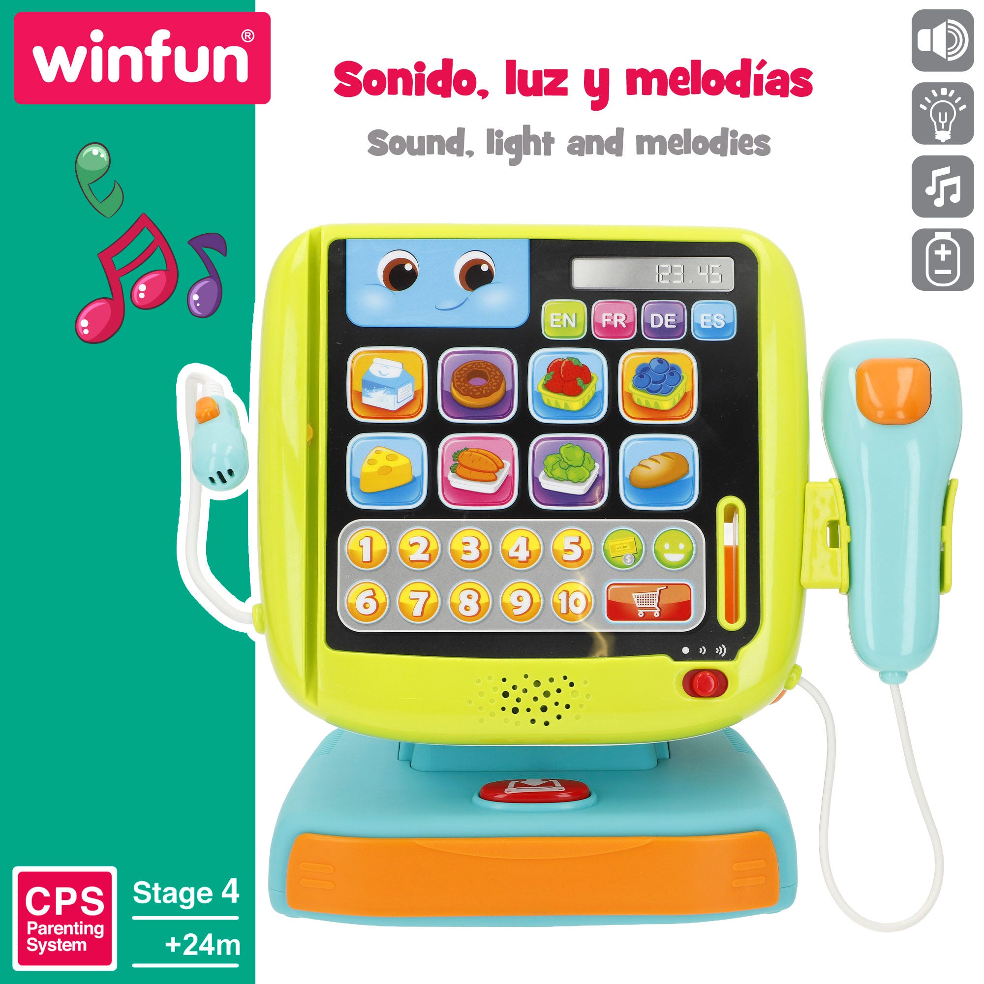 Caixa registadora Winfun com 4 idiomas, luzes e sons.