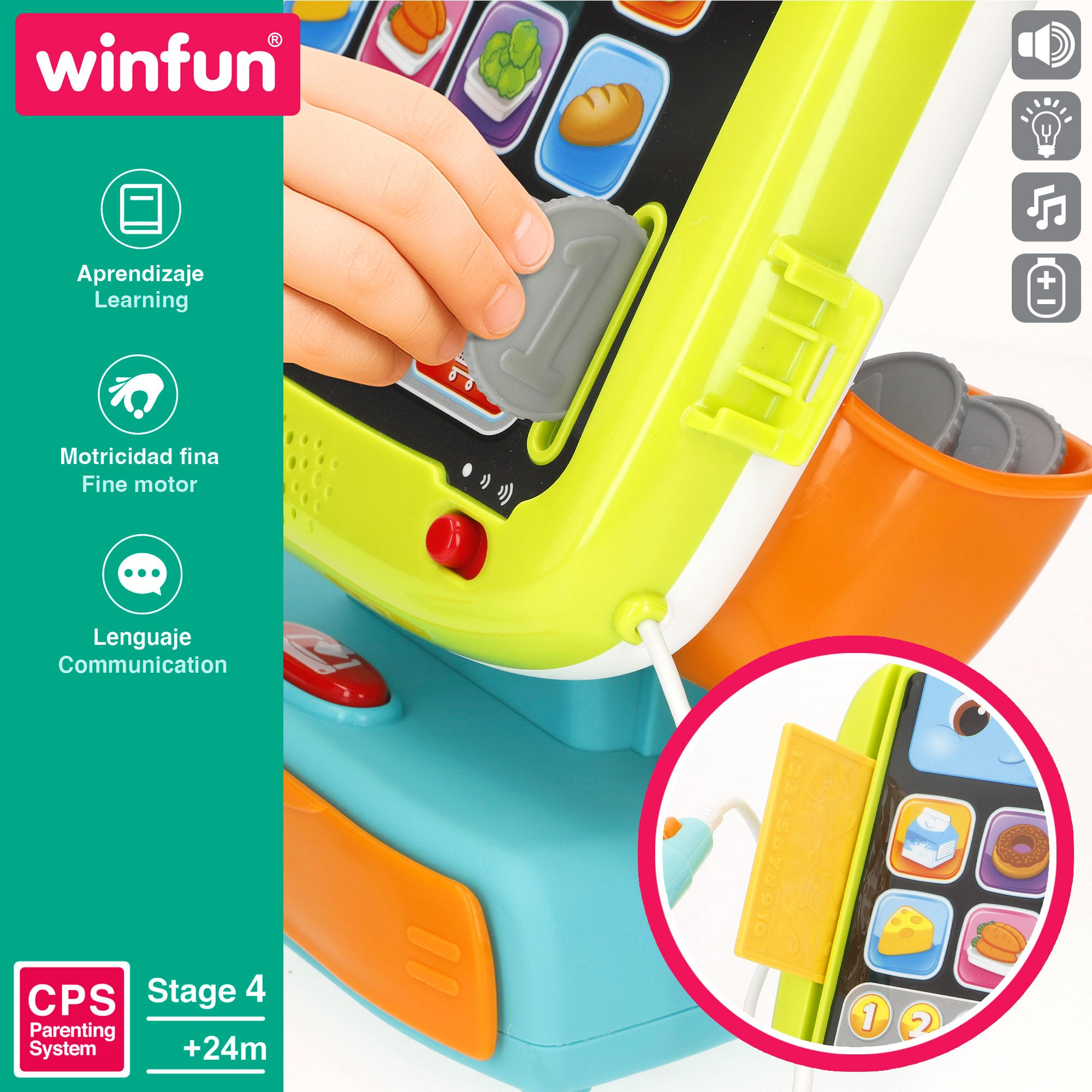 Caixa registadora Winfun com 4 idiomas, luzes e sons.