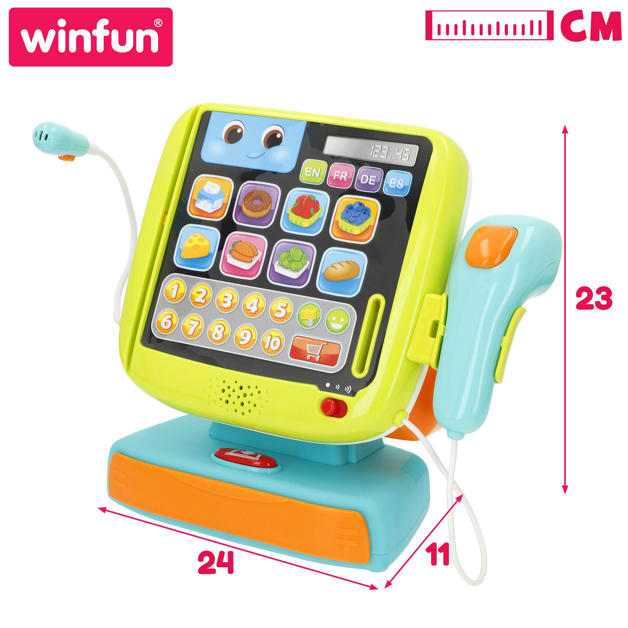 Caixa registadora Winfun com 4 idiomas, luzes e sons.