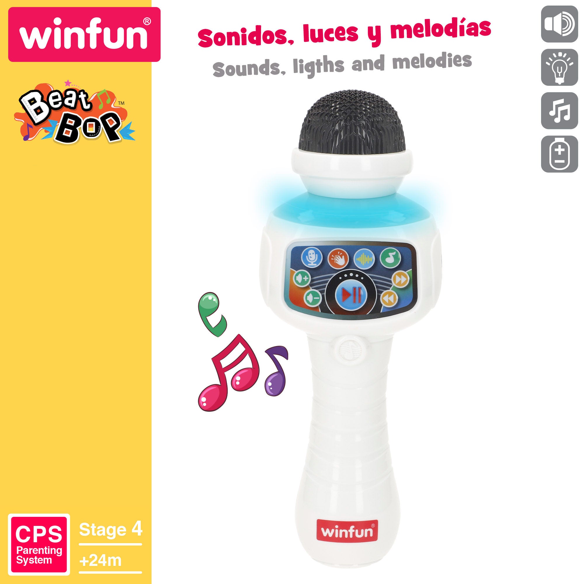 Microfone de karaoke sem fios Winfun com luzes, melodias e efeitos.