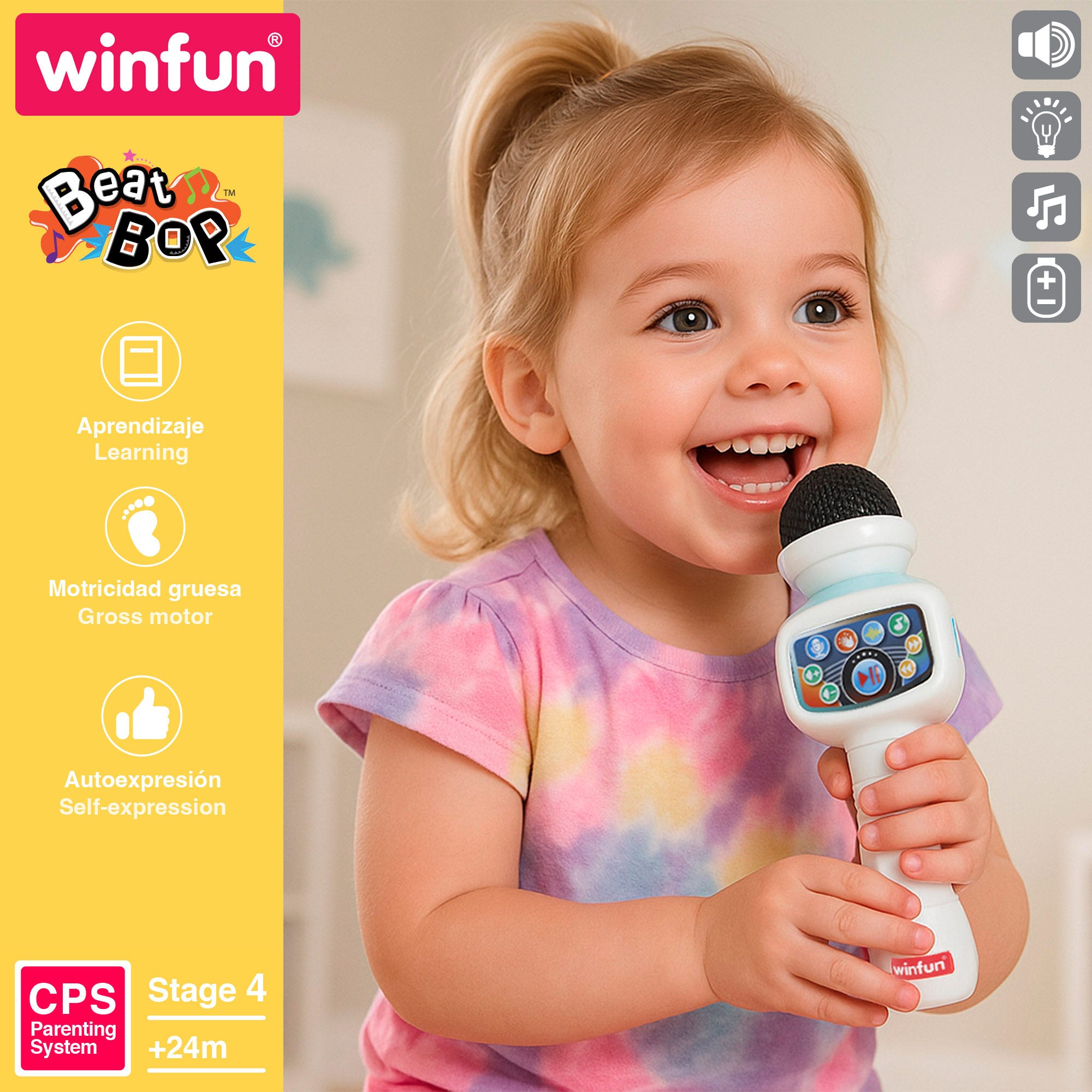 Microfone de karaoke sem fios Winfun com luzes, melodias e efeitos.