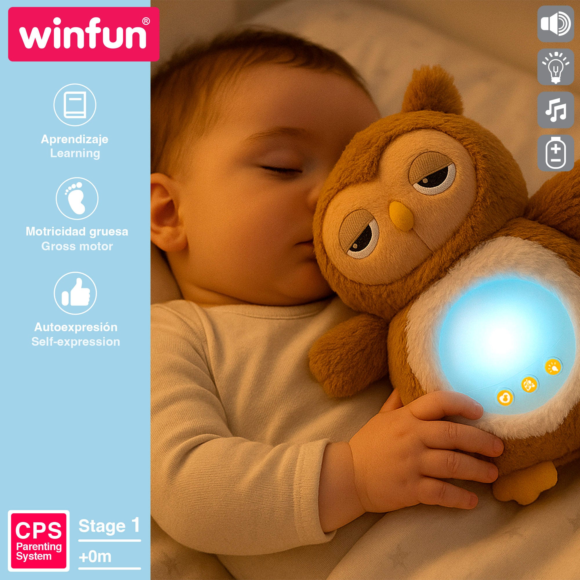 Coruja de peluche Winfun com luzes e sons relaxantes.