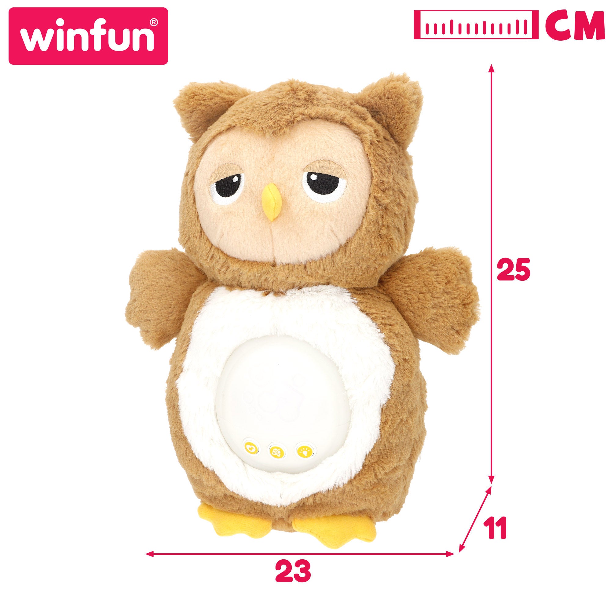 Coruja de peluche Winfun com luzes e sons relaxantes.