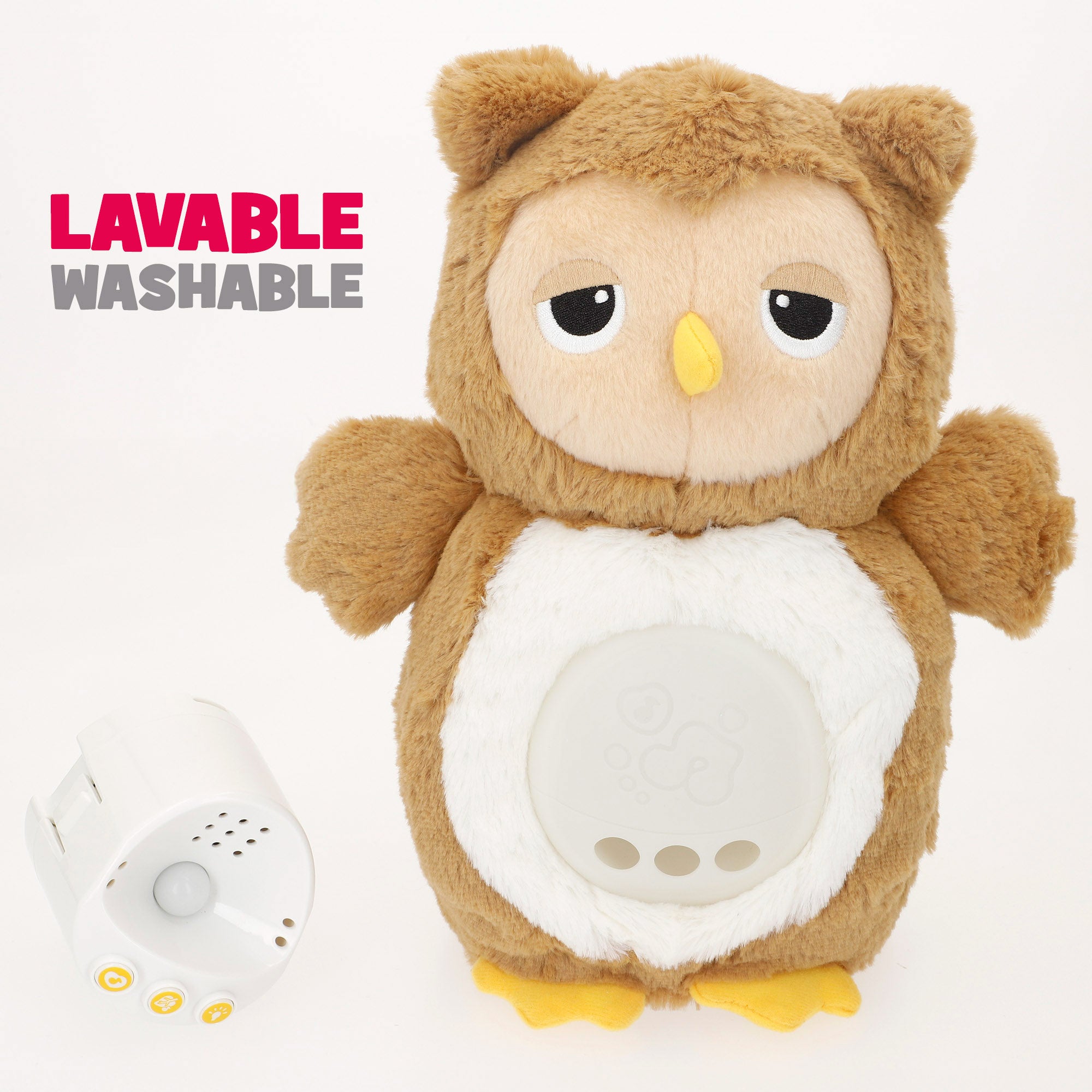 Coruja de peluche Winfun com luzes e sons relaxantes.