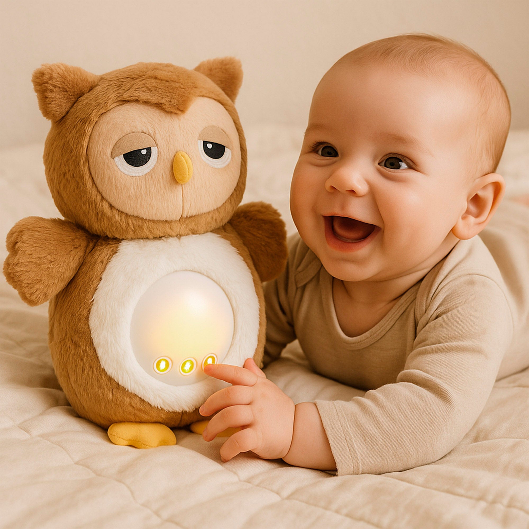 Coruja de peluche Winfun com luzes e sons relaxantes.