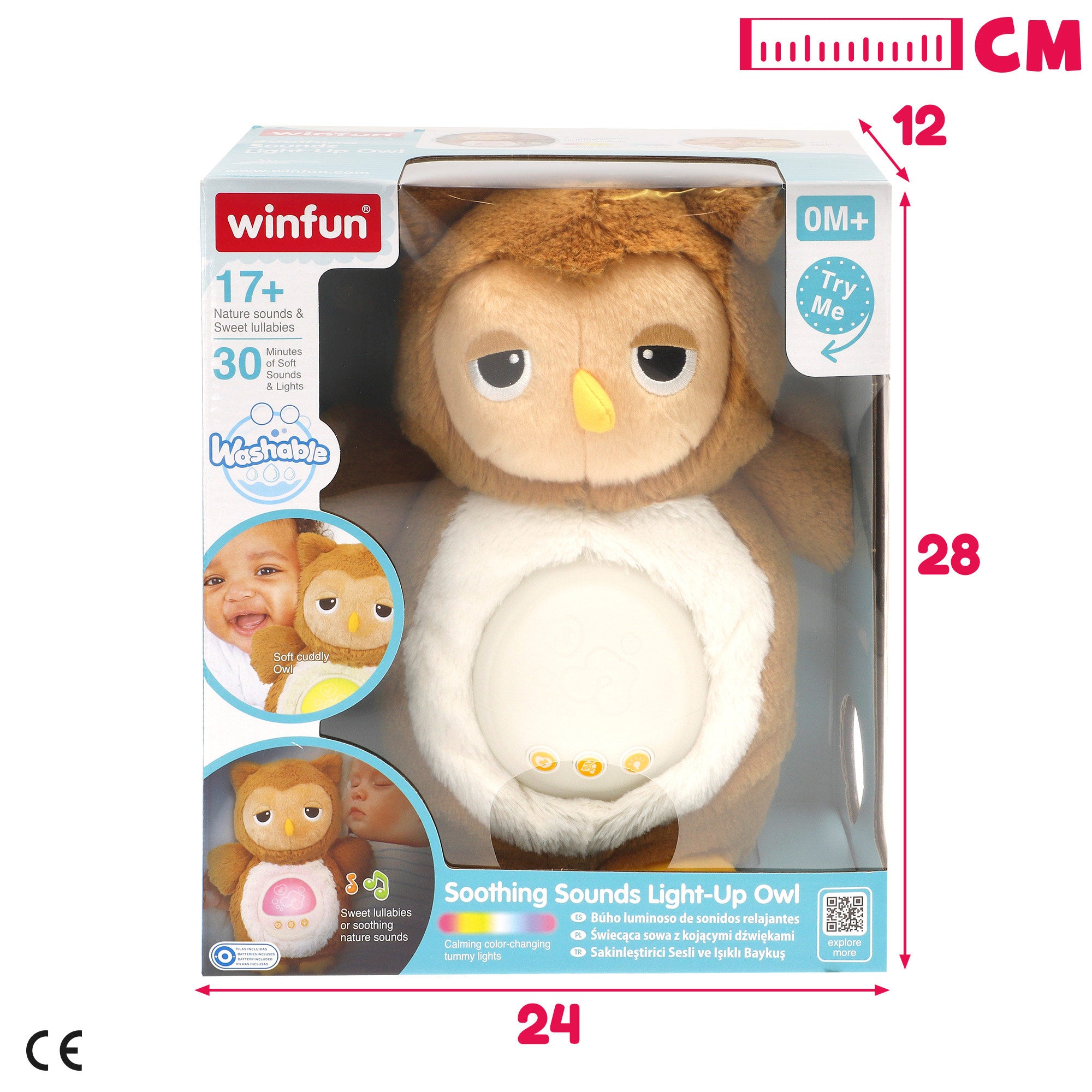 Coruja de peluche Winfun com luzes e sons relaxantes.