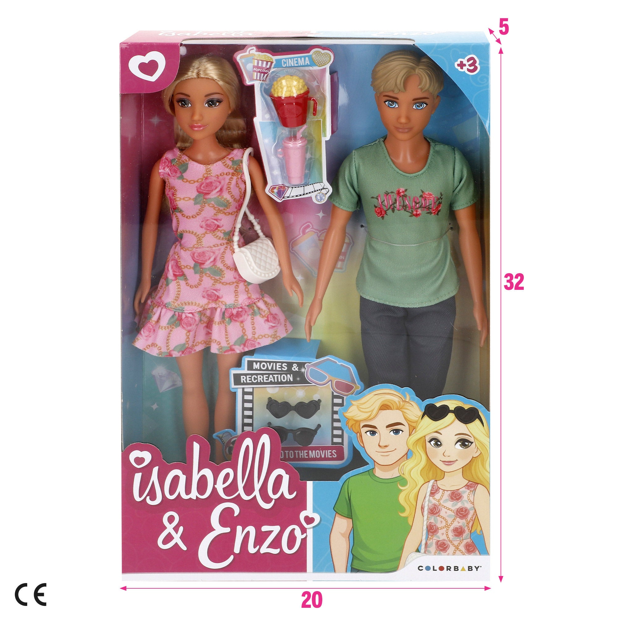 Conjunto de 2 bonecos articulados de 30 cm, Enzo e Isabella.