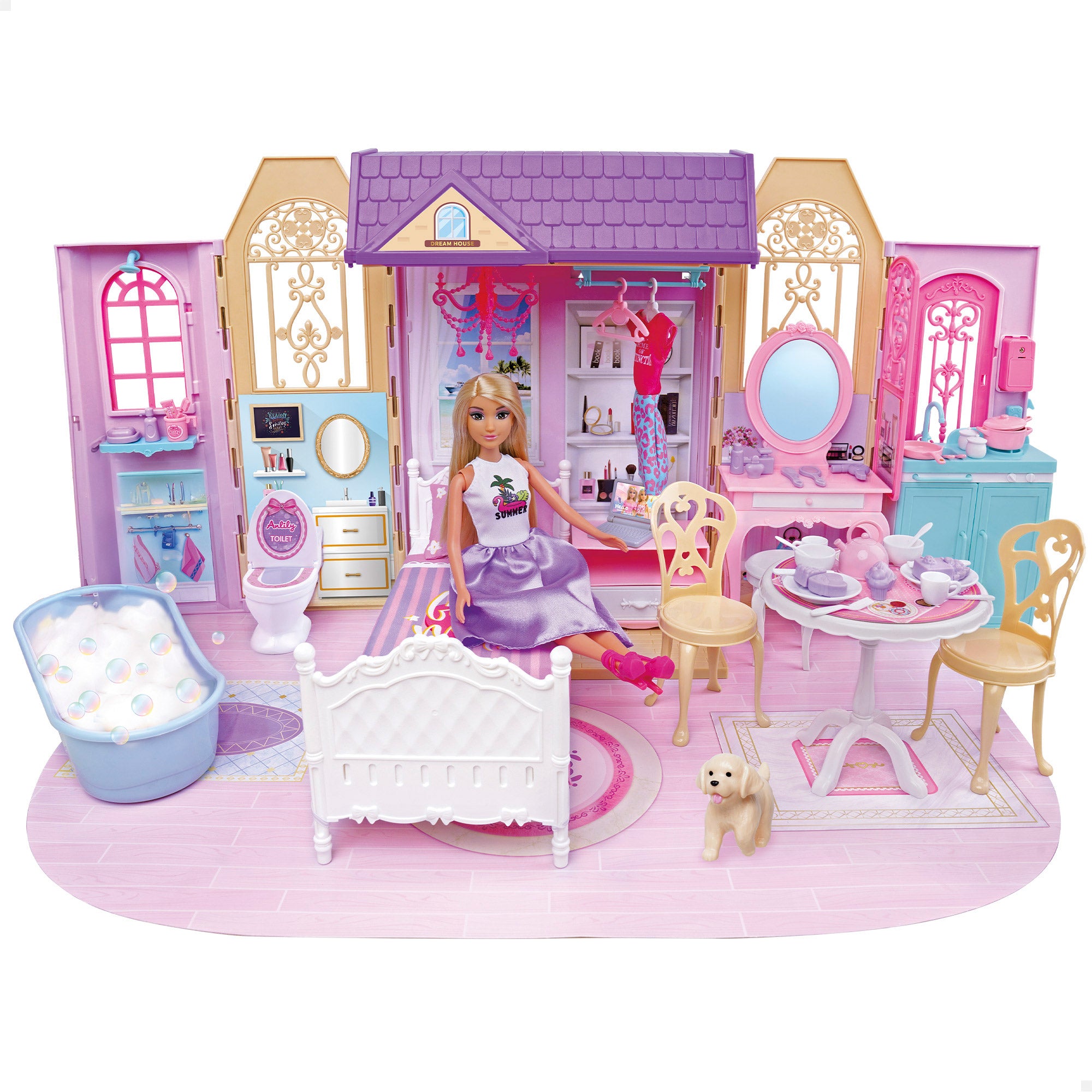 Casa de bonecas Isabella com boneca de 30 cm e mais de 60 acessórios.
