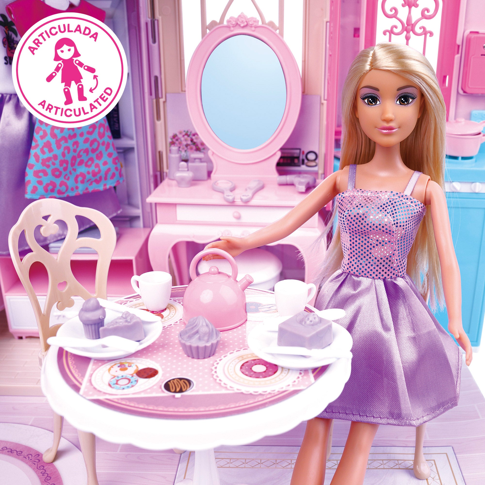 Casa de bonecas Isabella com boneca de 30 cm e mais de 60 acessórios.