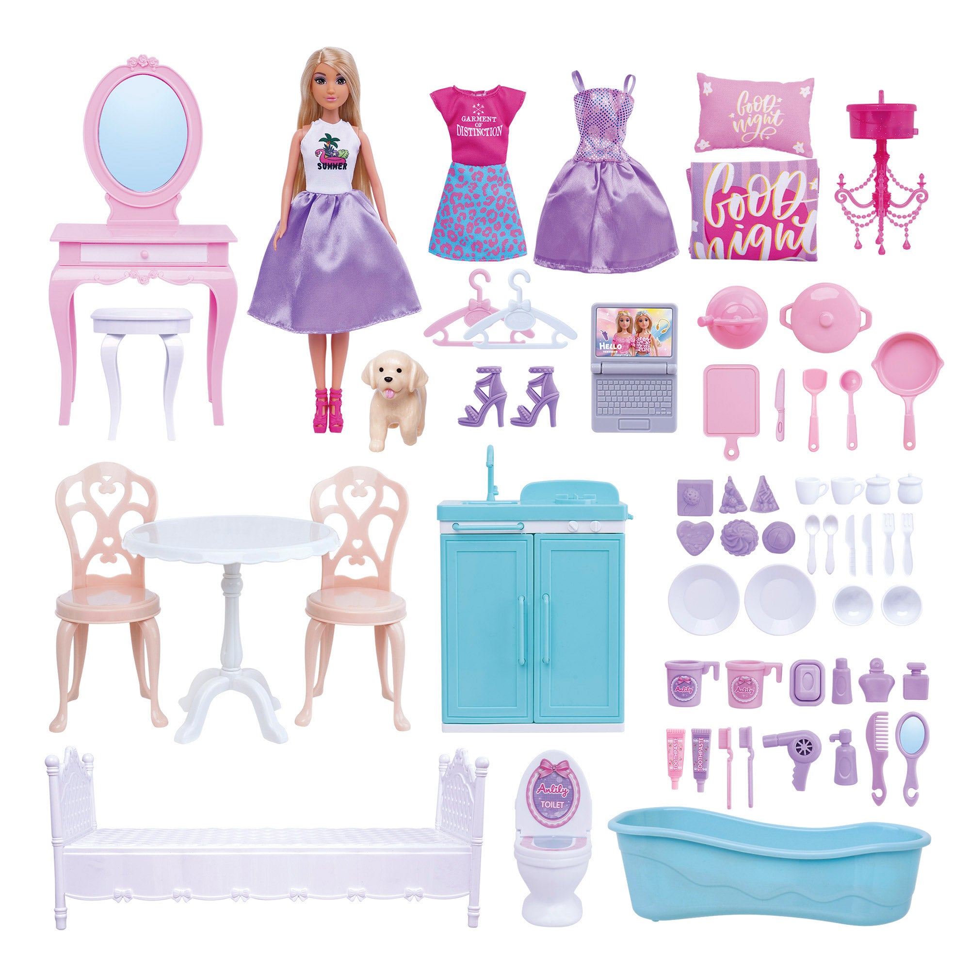 Casa de bonecas Isabella com boneca de 30 cm e mais de 60 acessórios.