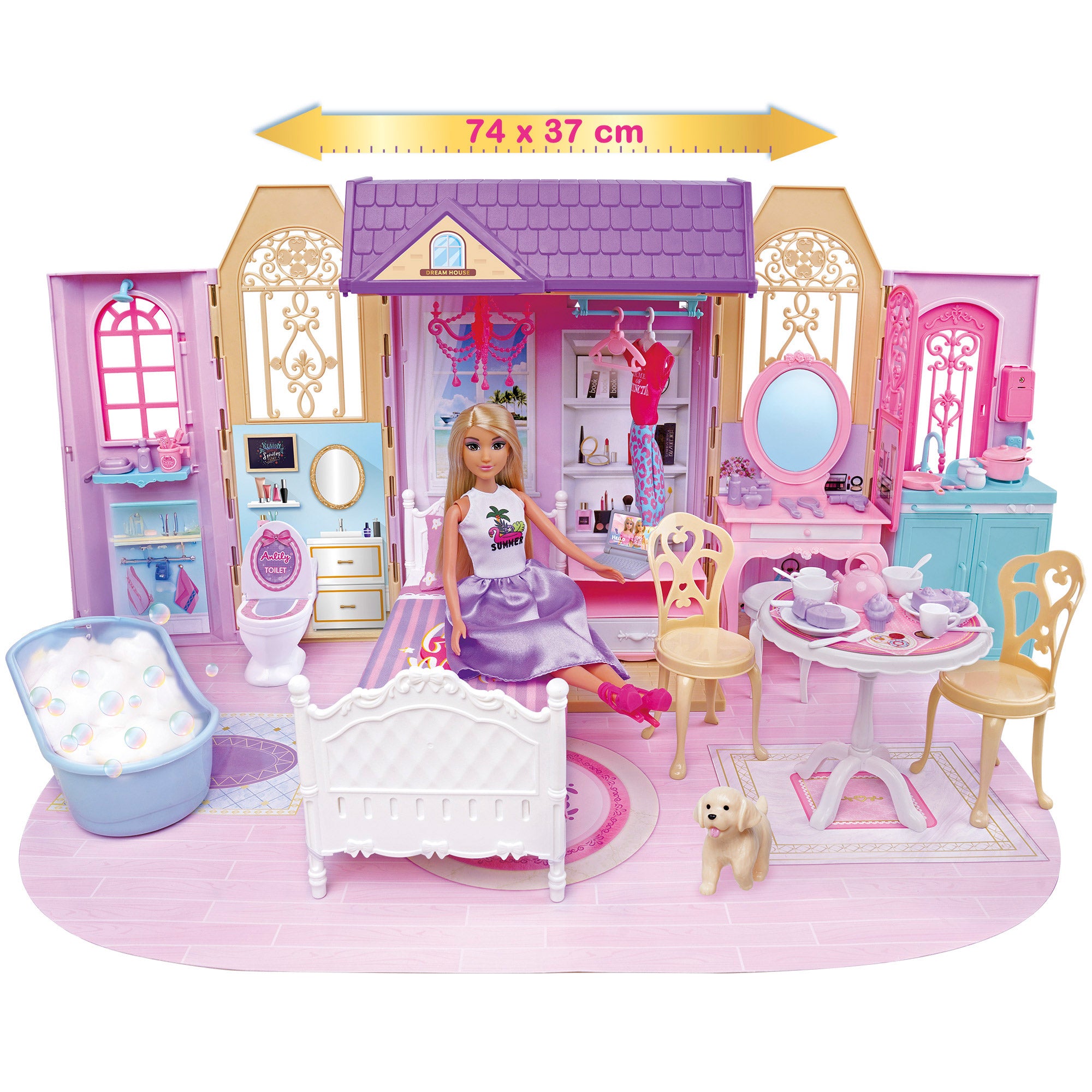 Casa de bonecas Isabella com boneca de 30 cm e mais de 60 acessórios.