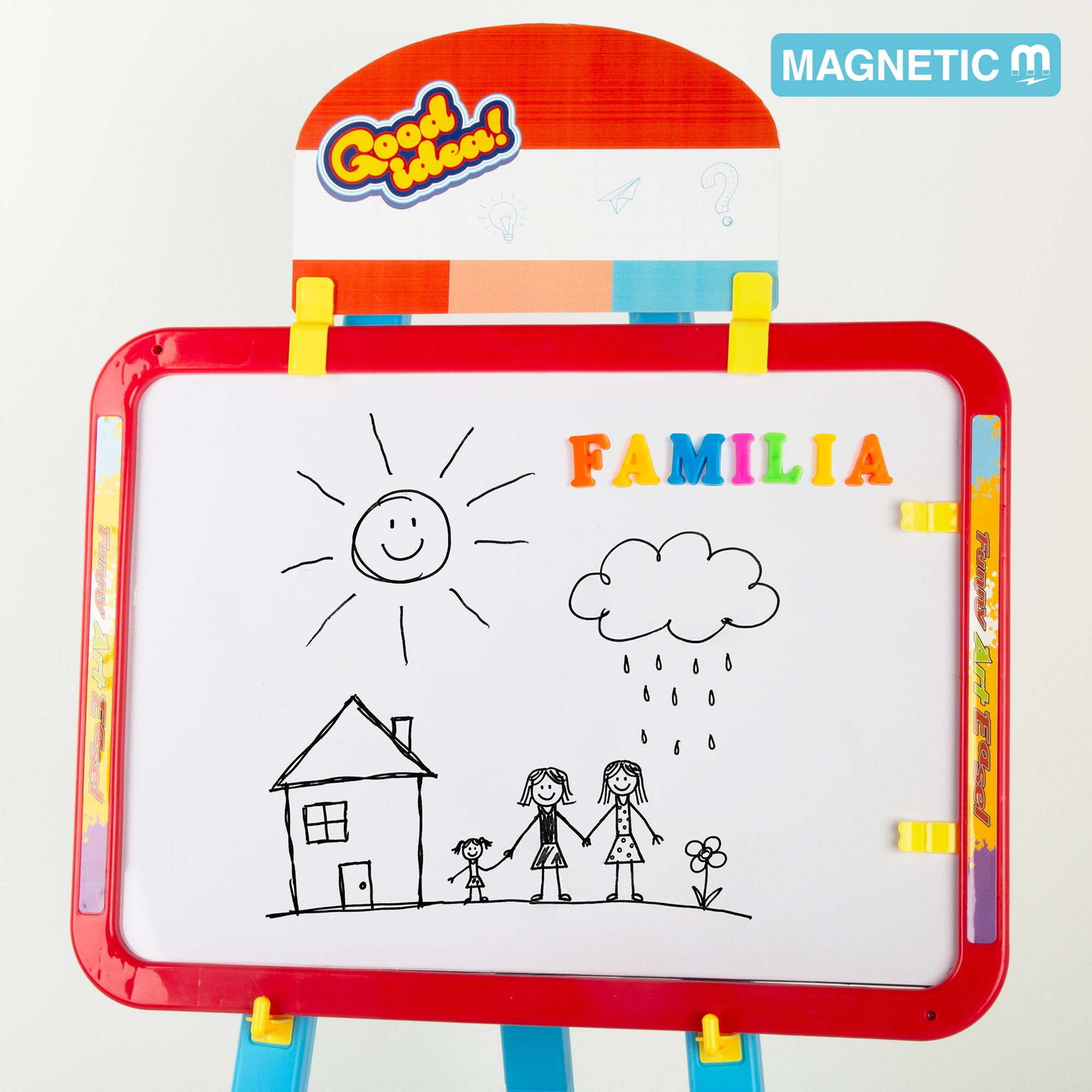 Quadro branco magnético de dupla face com cavalete ajustável e acessórios COLORBABY Boa ideia!