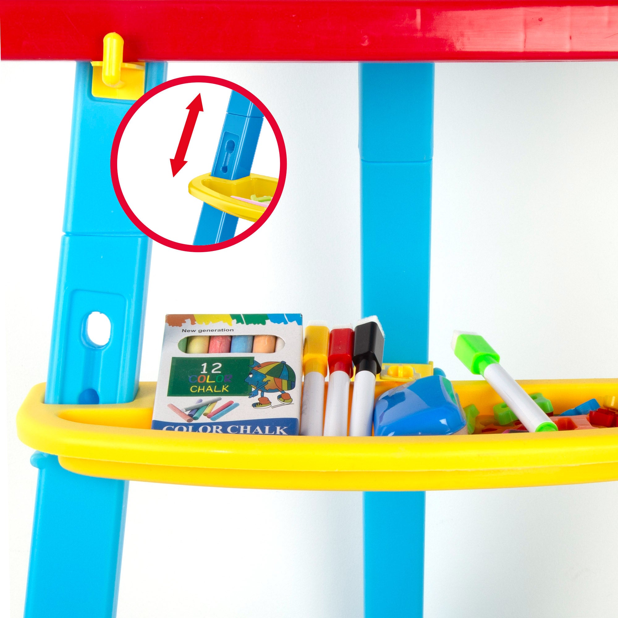 Quadro branco magnético de dupla face com cavalete ajustável e acessórios COLORBABY Boa ideia!