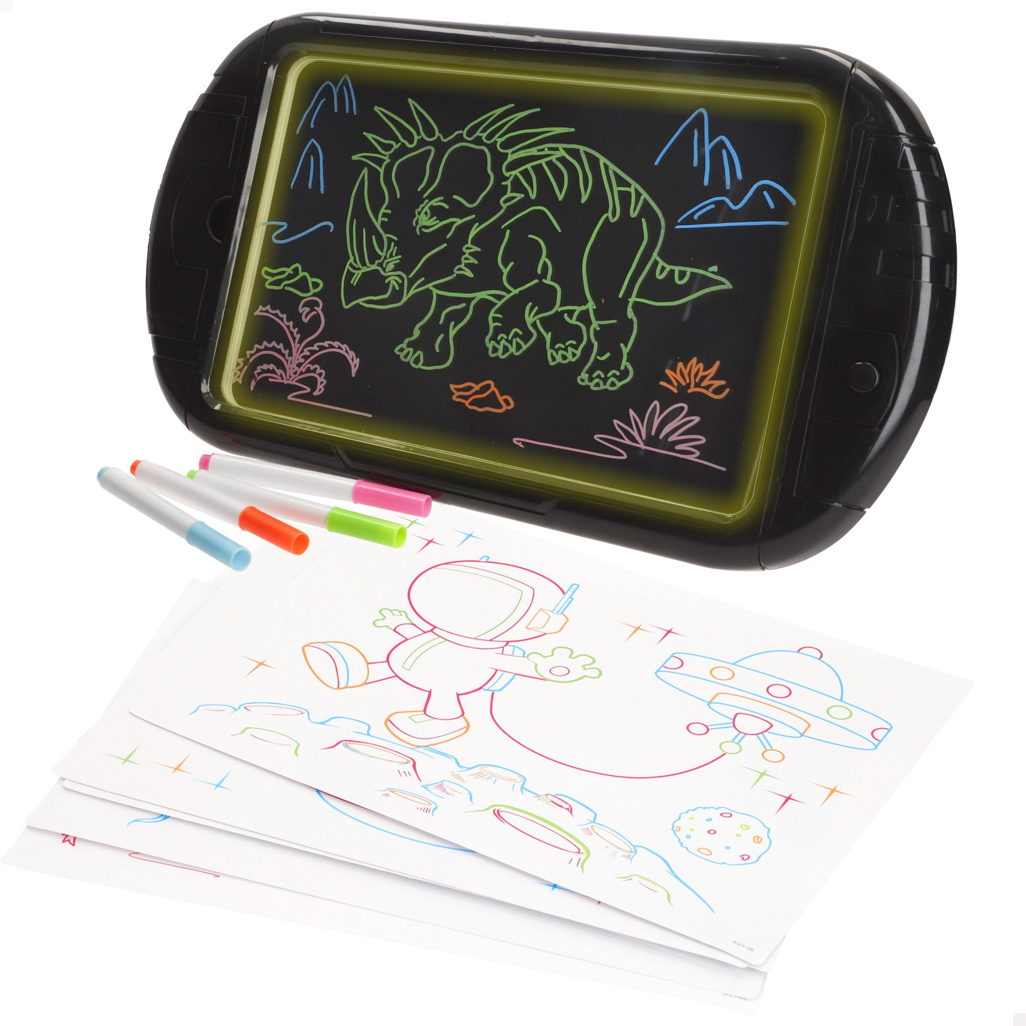 Tablet néon com desenhos e marcadores. Boa ideia!
