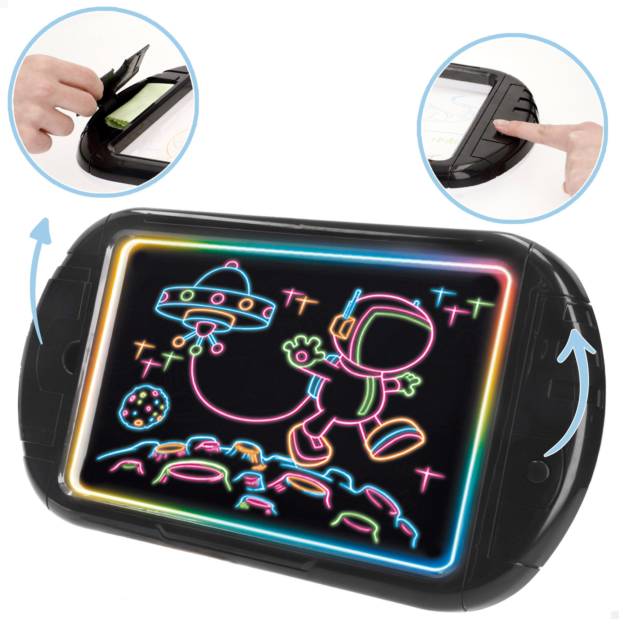 Tablet néon com desenhos e marcadores. Boa ideia!