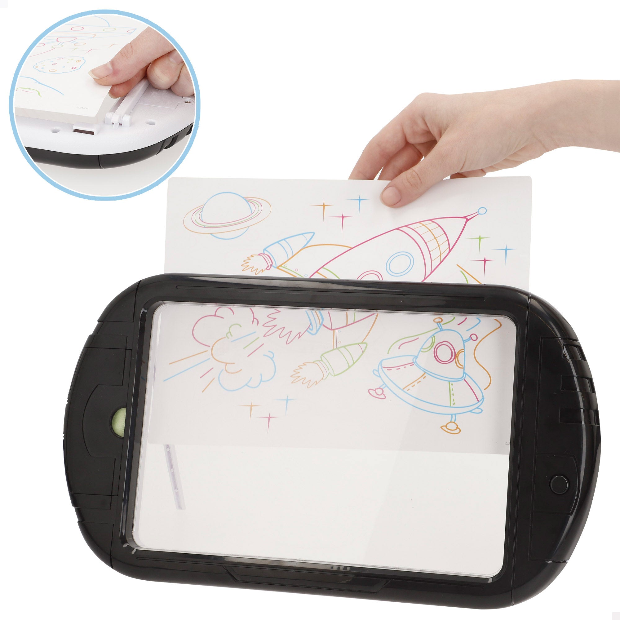 Tablet néon com desenhos e marcadores. Boa ideia!