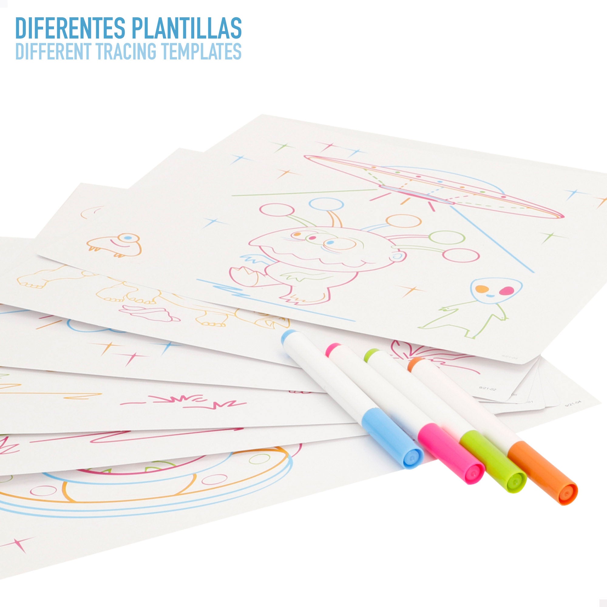 Tablet néon com desenhos e marcadores. Boa ideia!