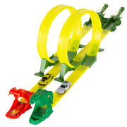 Pista de carros em forma de dinossauro com lançador duplo e dois carros Teamsterz.