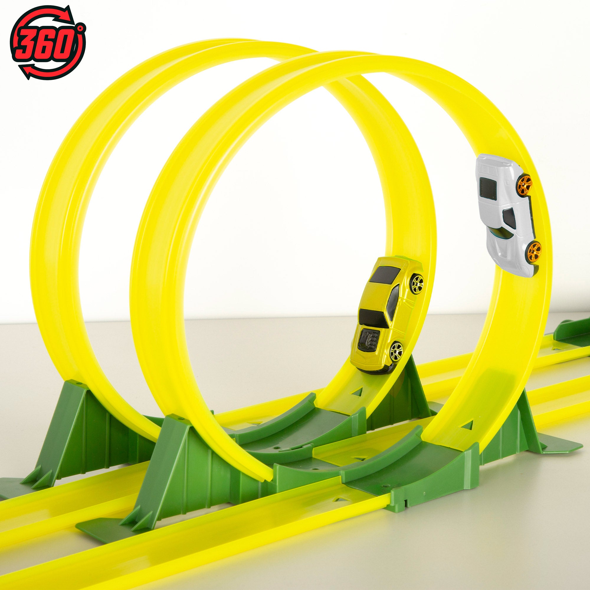 Pista de carros em forma de dinossauro com lançador duplo e dois carros Teamsterz.