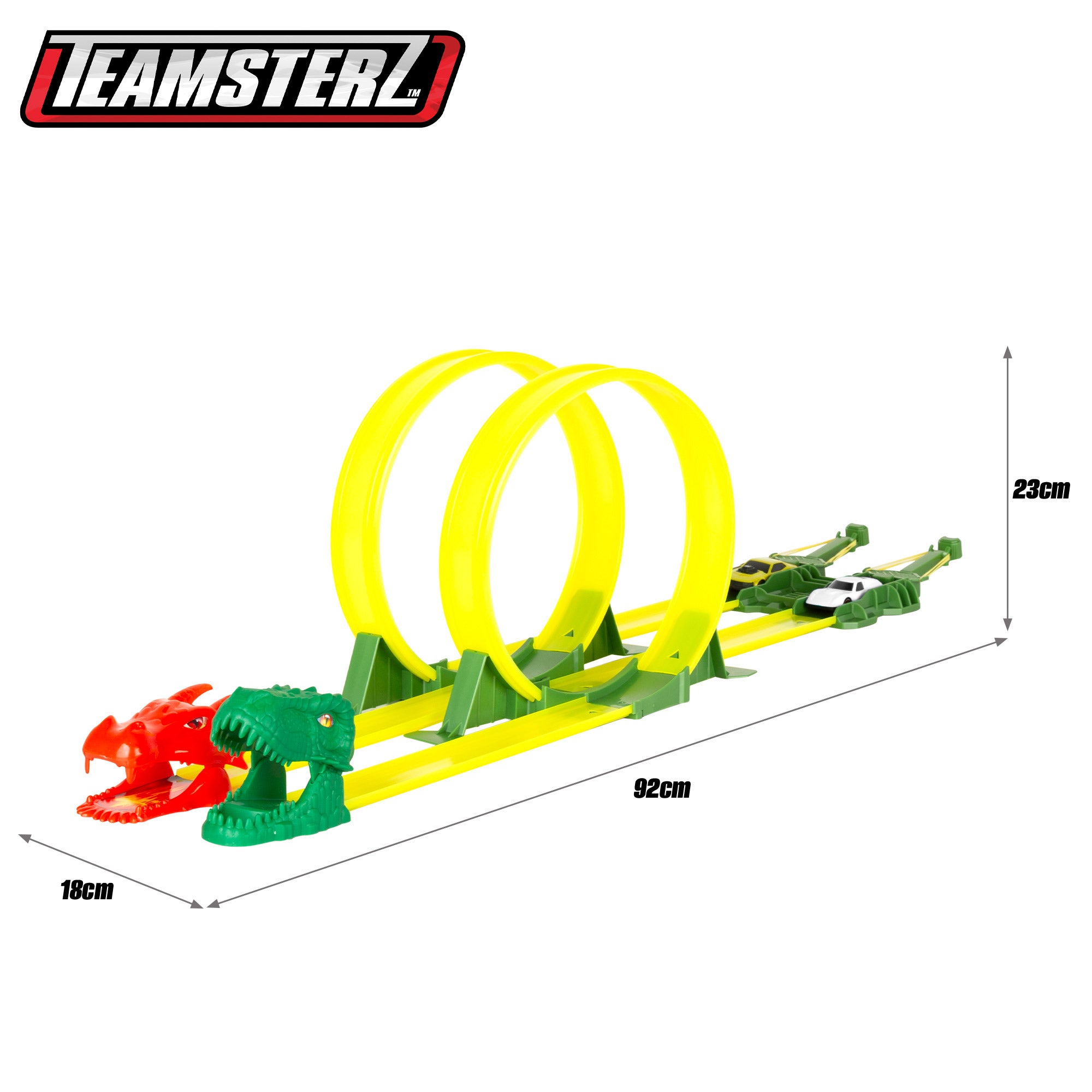 Pista de carros em forma de dinossauro com lançador duplo e dois carros Teamsterz.
