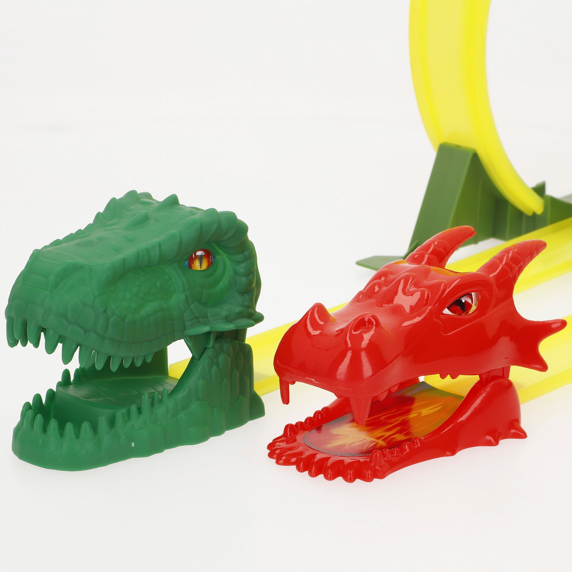 Pista de carros em forma de dinossauro com lançador duplo e dois carros Teamsterz.