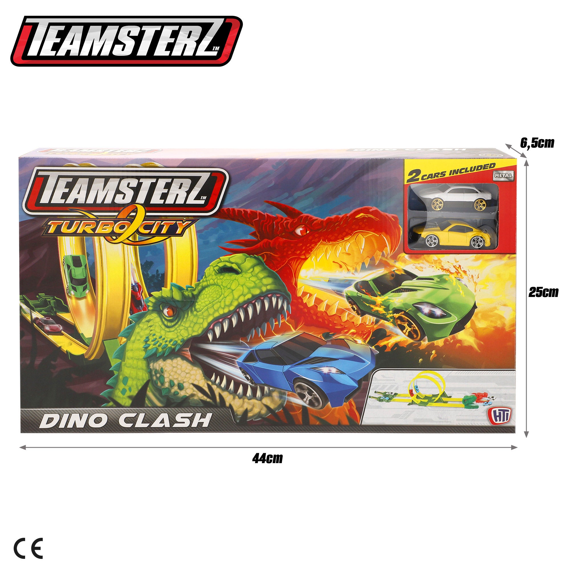 Pista de carros em forma de dinossauro com lançador duplo e dois carros Teamsterz.
