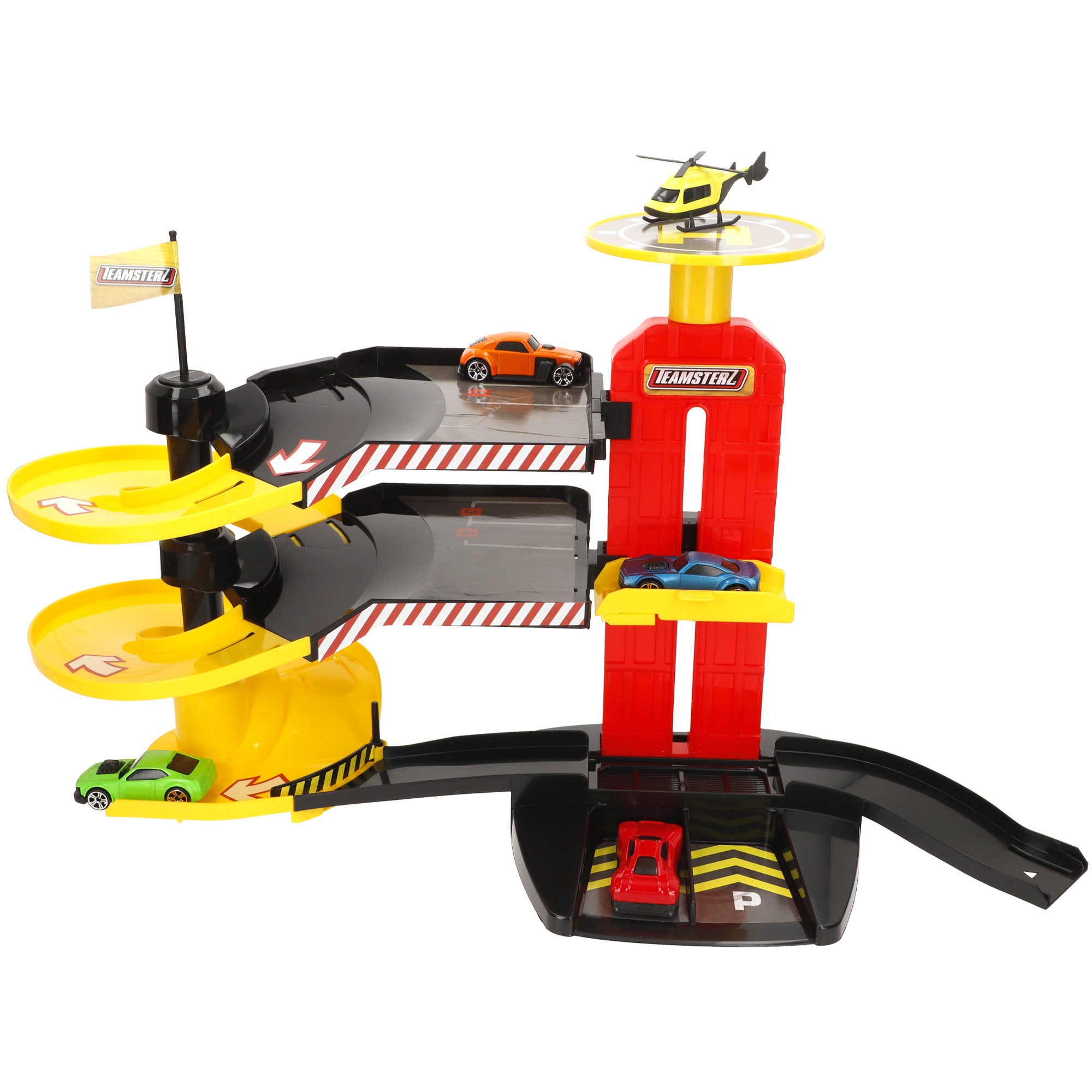 Estacionamento de 3 andares com helicóptero e carros de metal da Teamsterz.