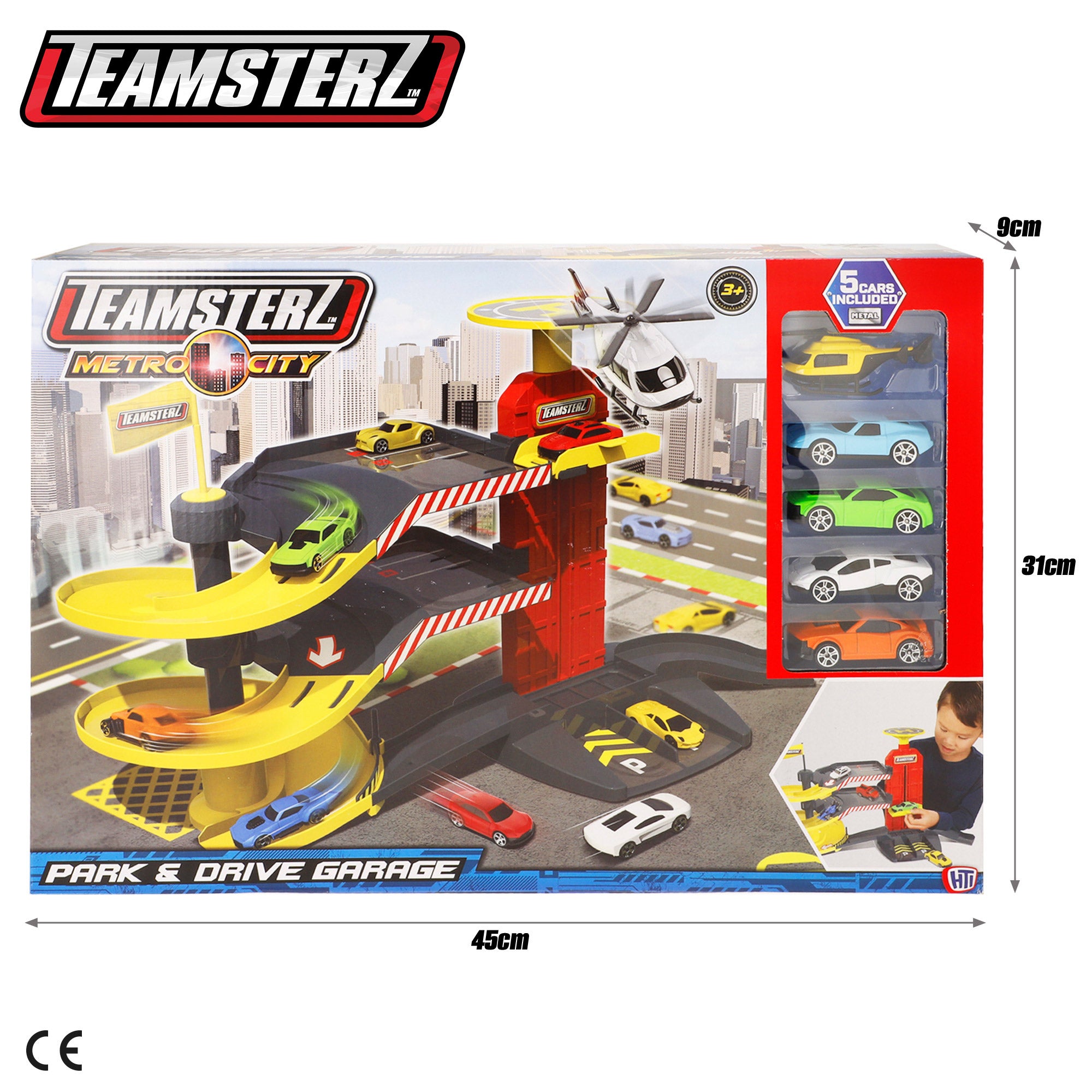Estacionamento de 3 andares com helicóptero e carros de metal da Teamsterz.