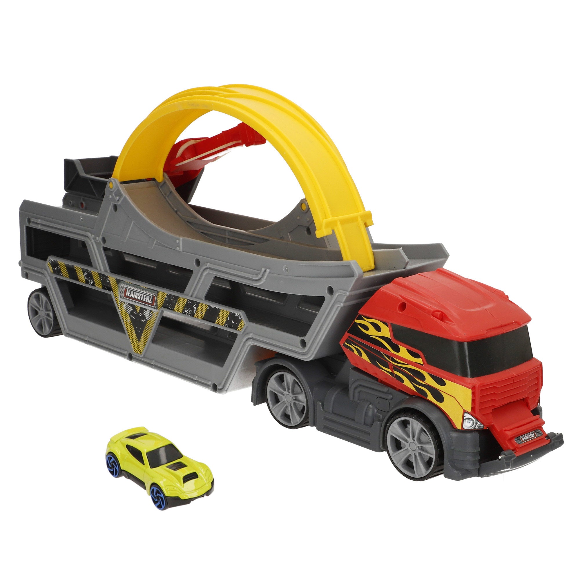 Camião lançador de carros Teamsterz com pista em loop e carro de metal