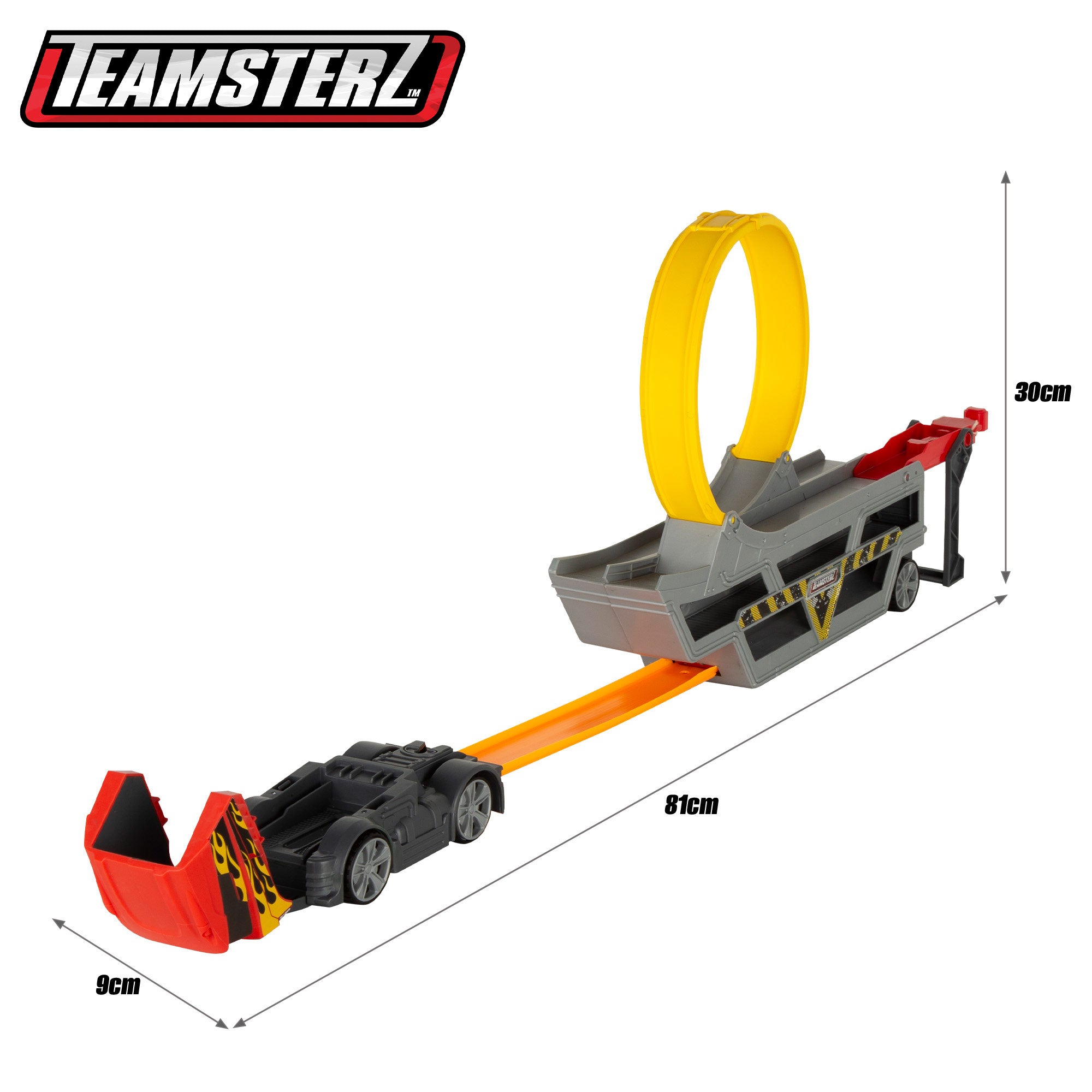 Camião lançador de carros Teamsterz com pista em loop e carro de metal
