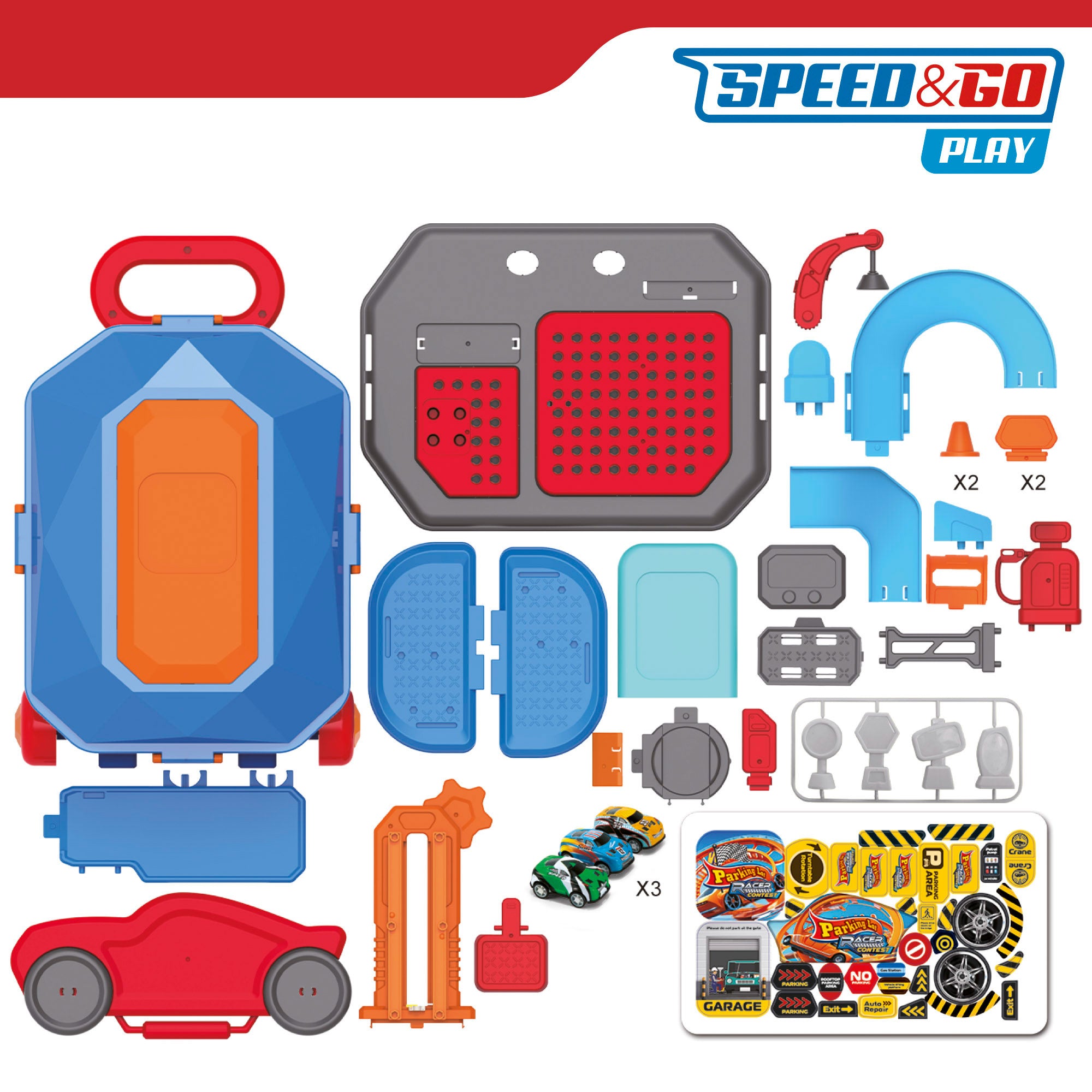 Estacionamento urbano 2 em 1 com 3 carrinhos de metal e estojo portátil (47 x 24 x 66 cm) Speed&amp; Go
