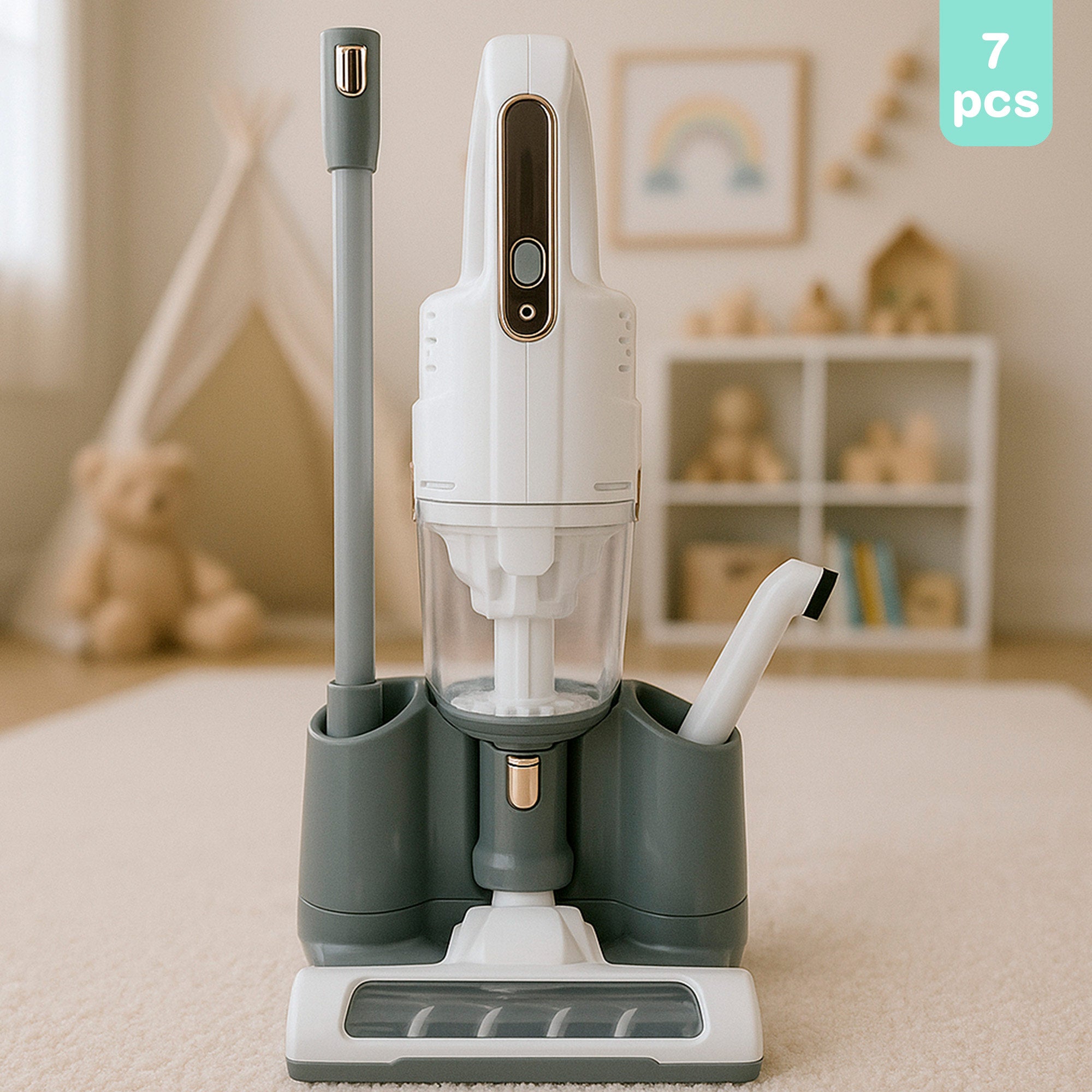 Aspirador de brinquedo elétrico sem fios PLAY com acessórios e base.