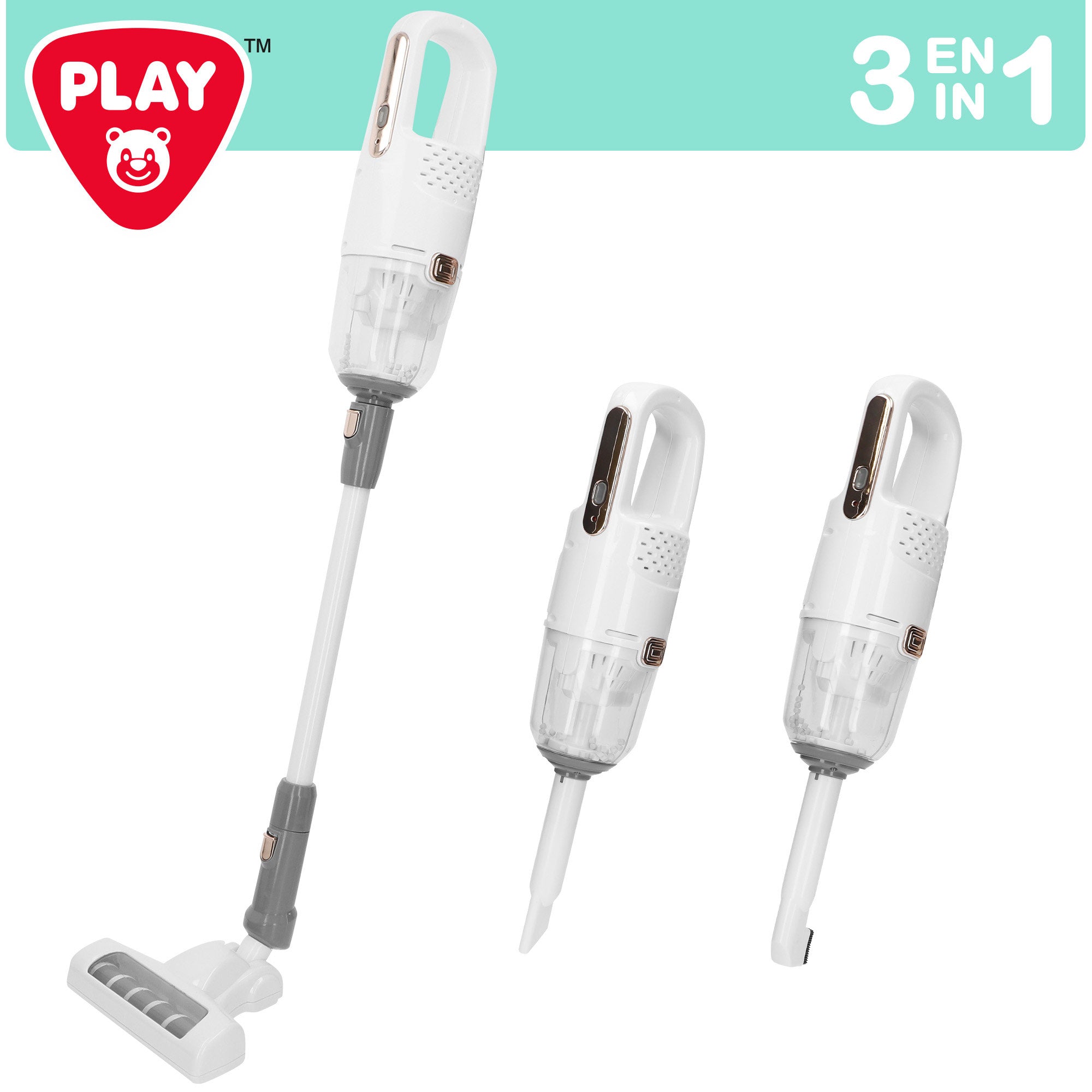 Aspirador de brinquedo elétrico sem fios PLAY com acessórios e base.