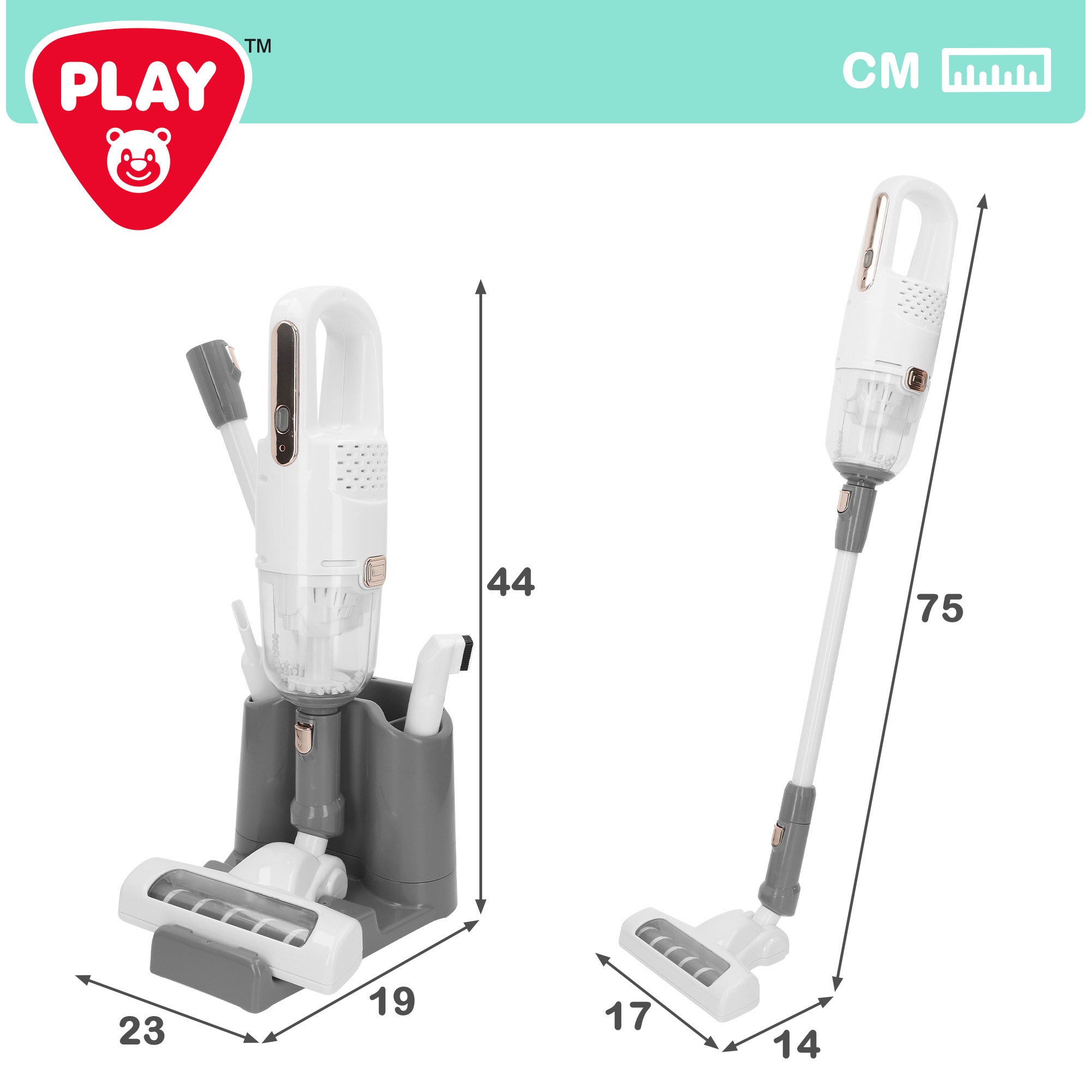 Aspirador de brinquedo elétrico sem fios PLAY com acessórios e base.