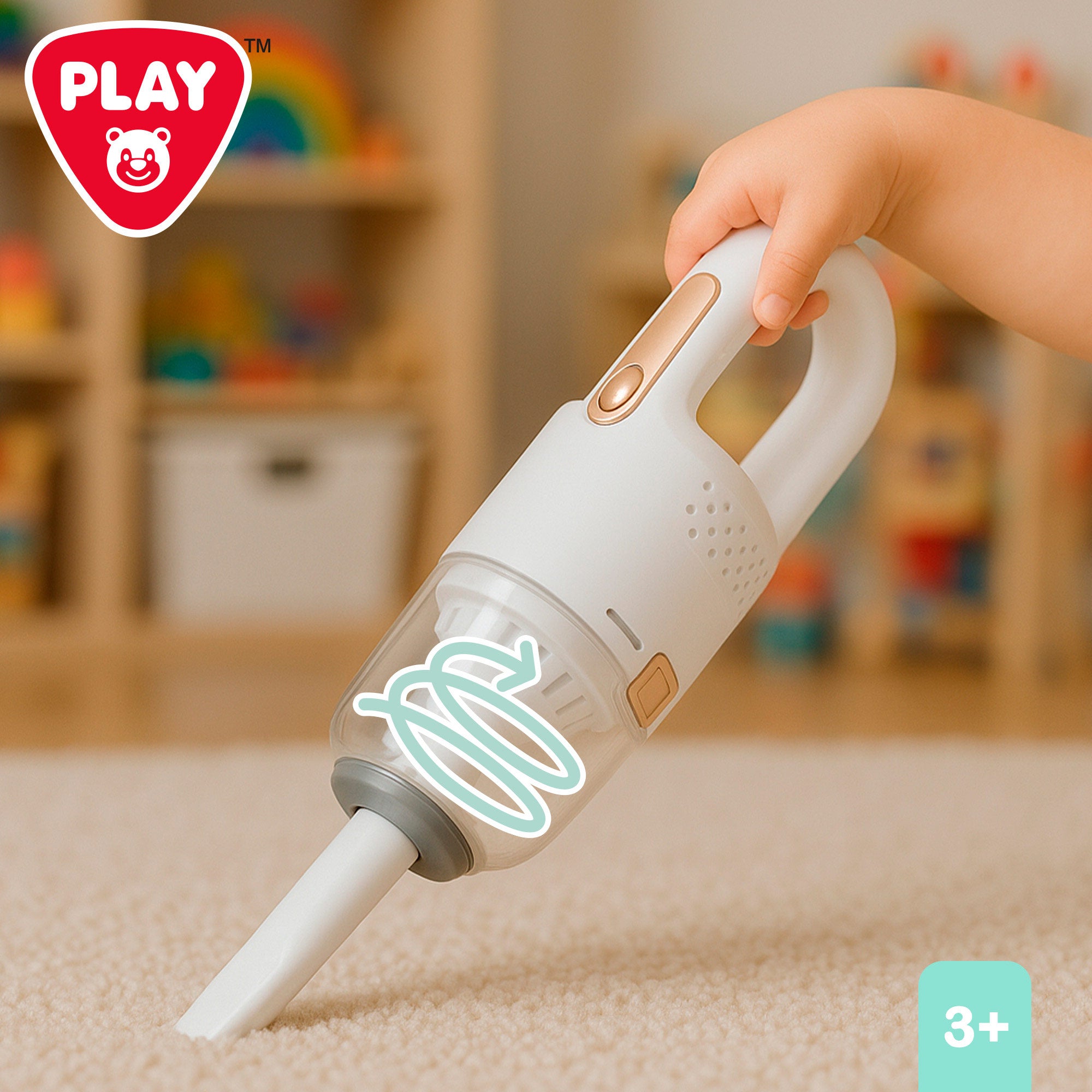 Aspirador de brinquedo elétrico sem fios PLAY com acessórios e base.