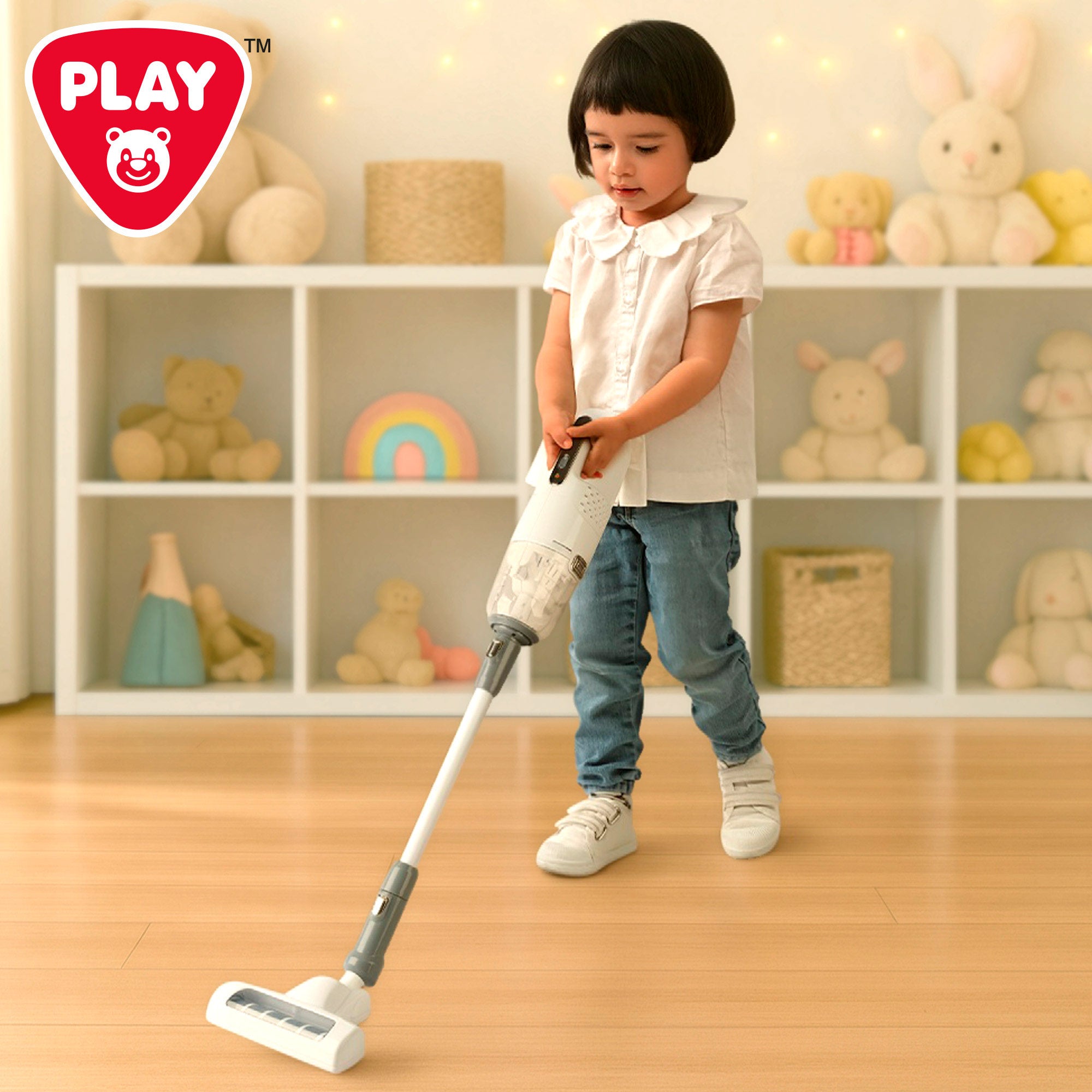 Aspirador de brinquedo elétrico sem fios PLAY com acessórios e base.