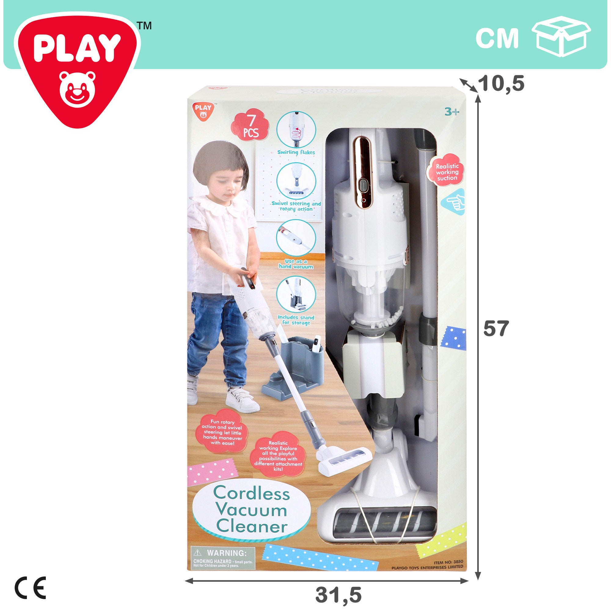 Aspirador de brinquedo elétrico sem fios PLAY com acessórios e base.
