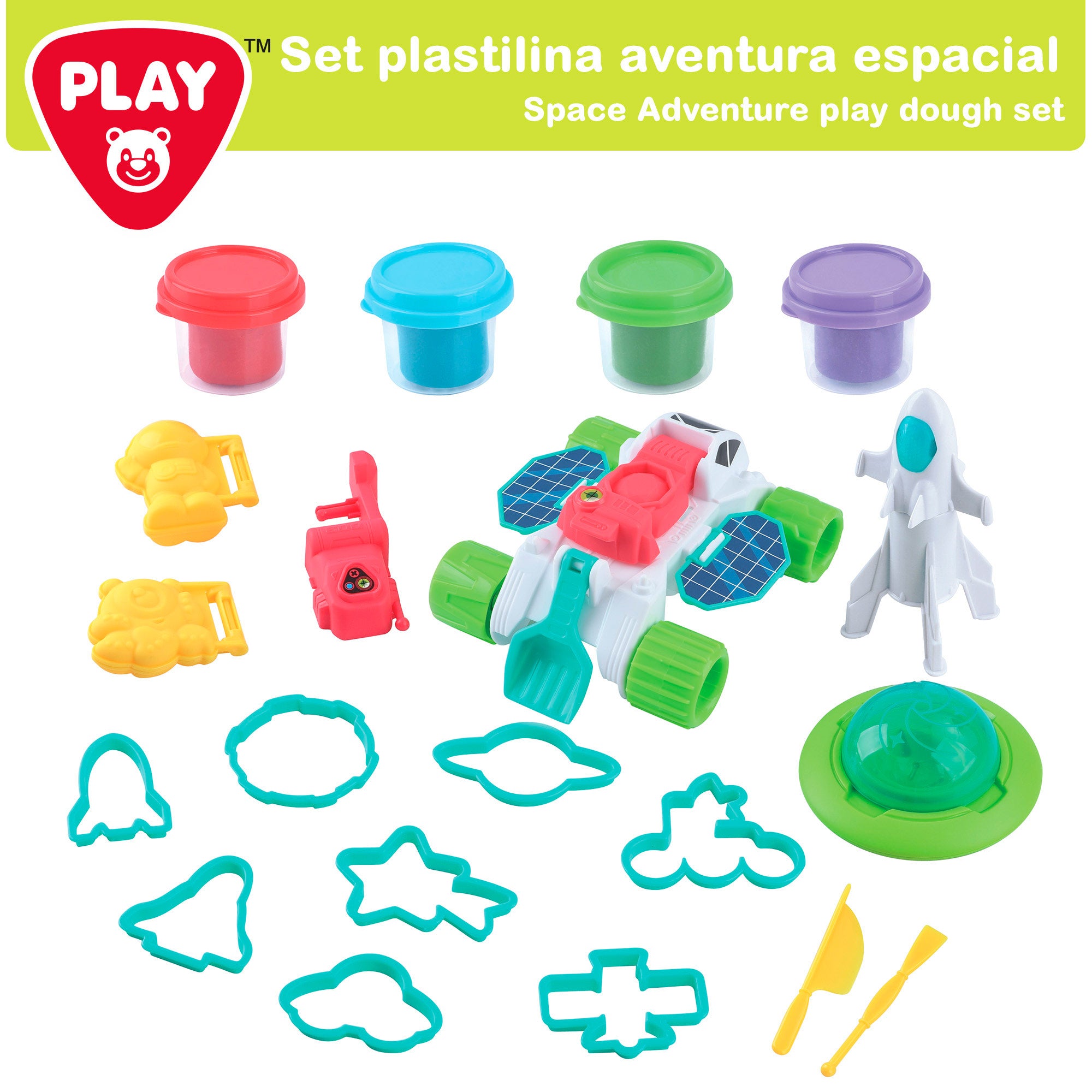 Conjunto de massa de modelar PLAY Space Adventure com moldes e acessórios.