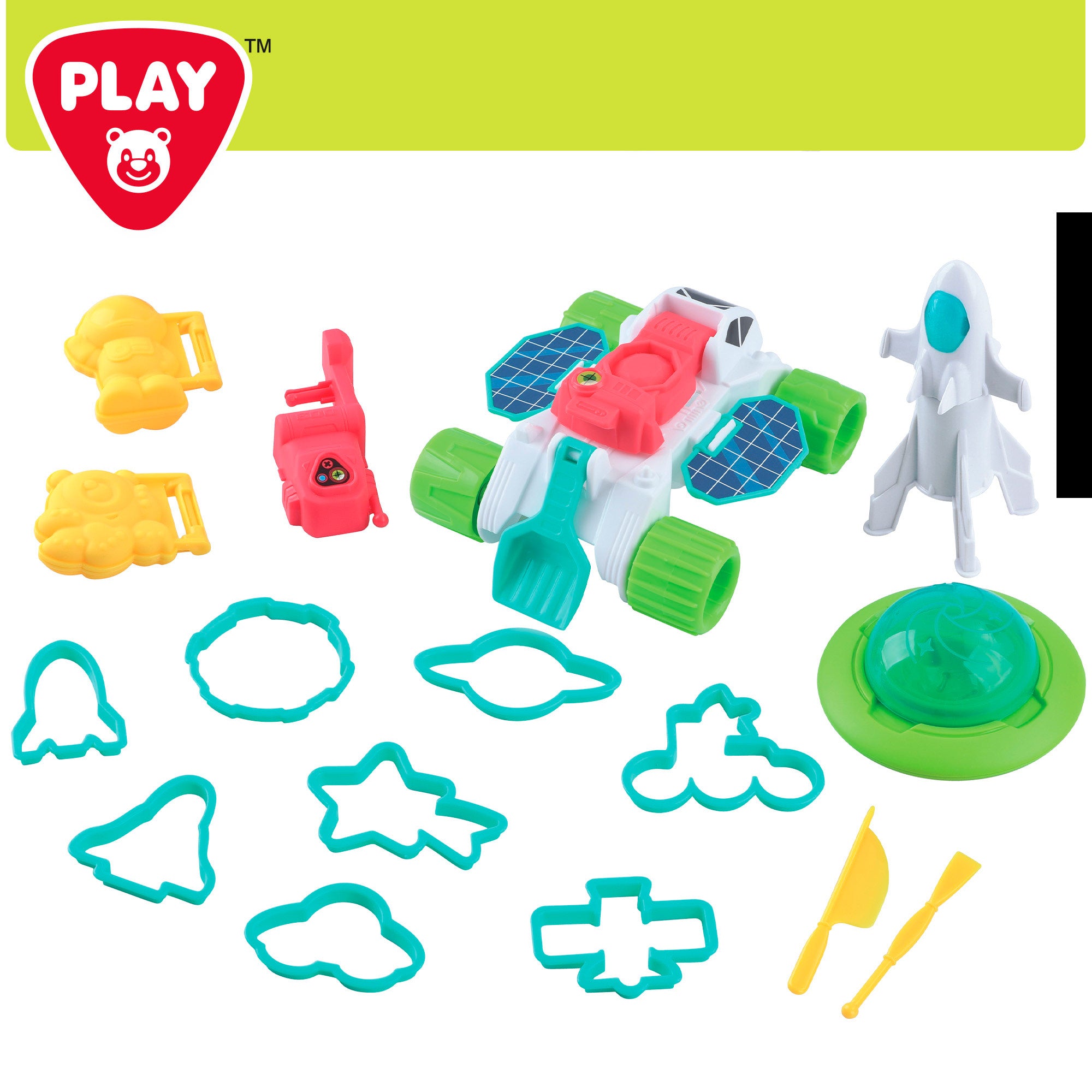 Conjunto de massa de modelar PLAY Space Adventure com moldes e acessórios.