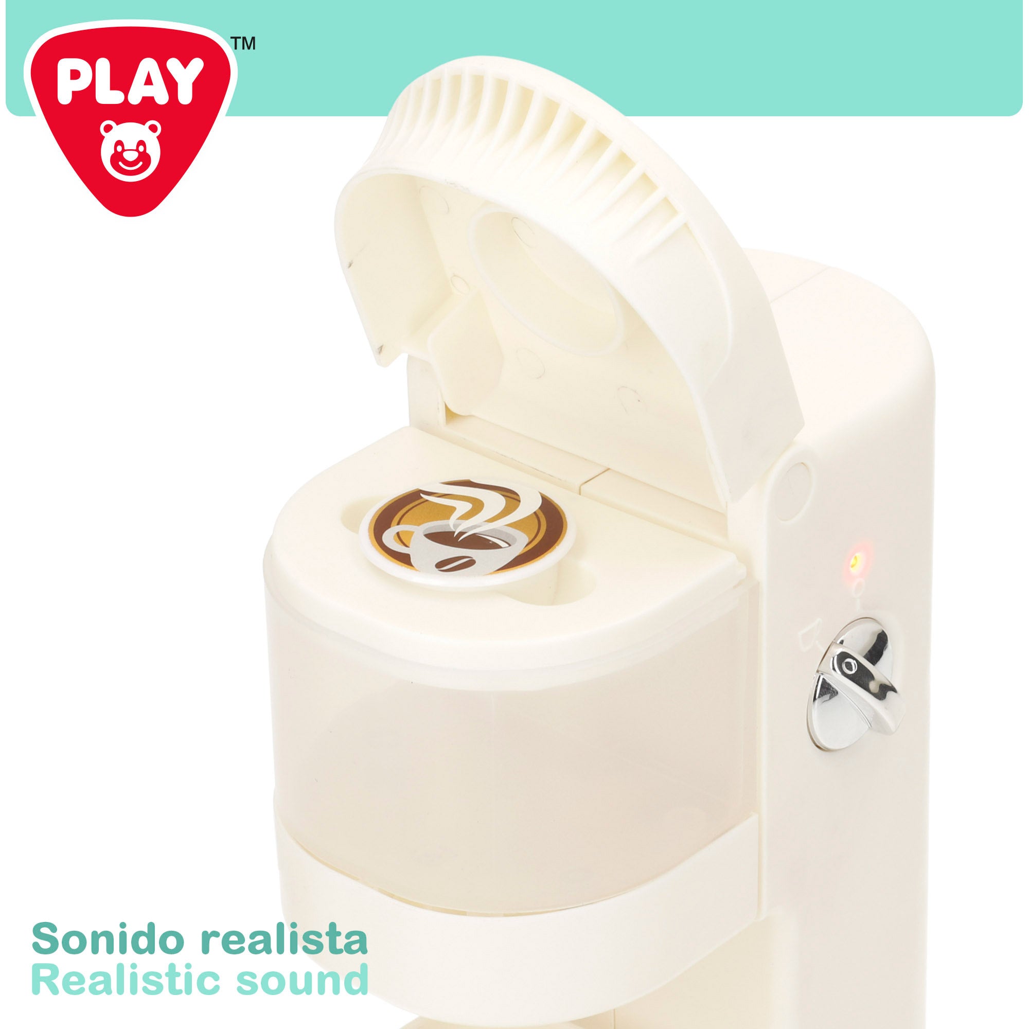 Conjunto de brinquedos PLAY com torradeira, liquidificador e cafeteira com luz e som.