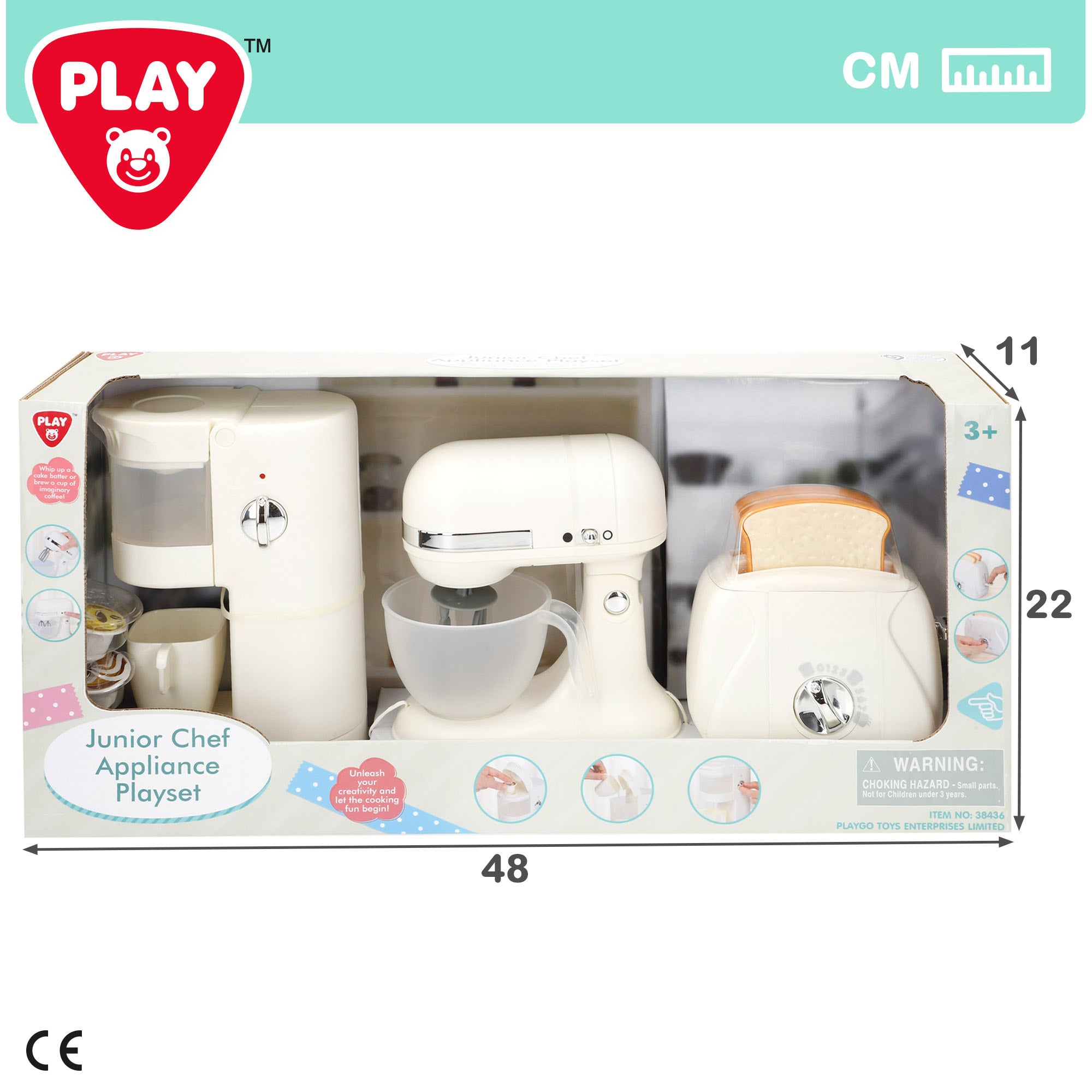 Conjunto de brinquedos PLAY com torradeira, liquidificador e cafeteira com luz e som.