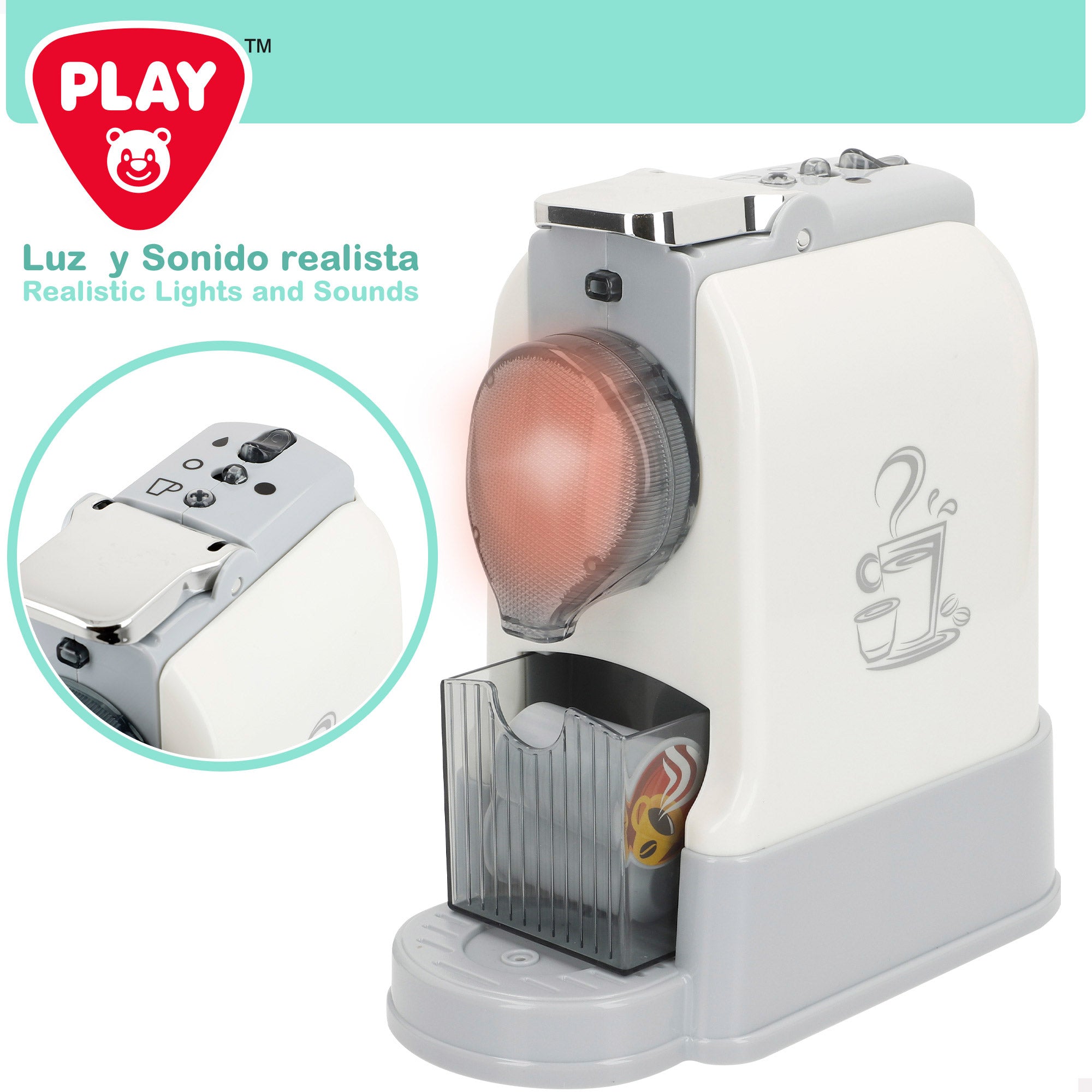 Conjunto de brinquedos PLAY: torradeira e cafeteira com luz e som.