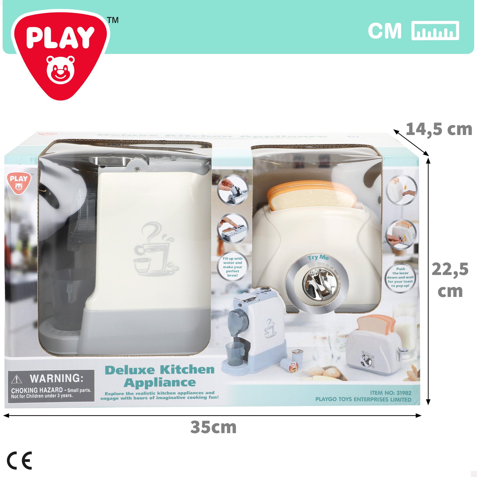 Conjunto de brinquedos PLAY: torradeira e cafeteira com luz e som.
