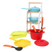 Trem de cozinha infantil PLAY com 13 peças, incluindo panelas, frigideira, escorredor e utensílios.