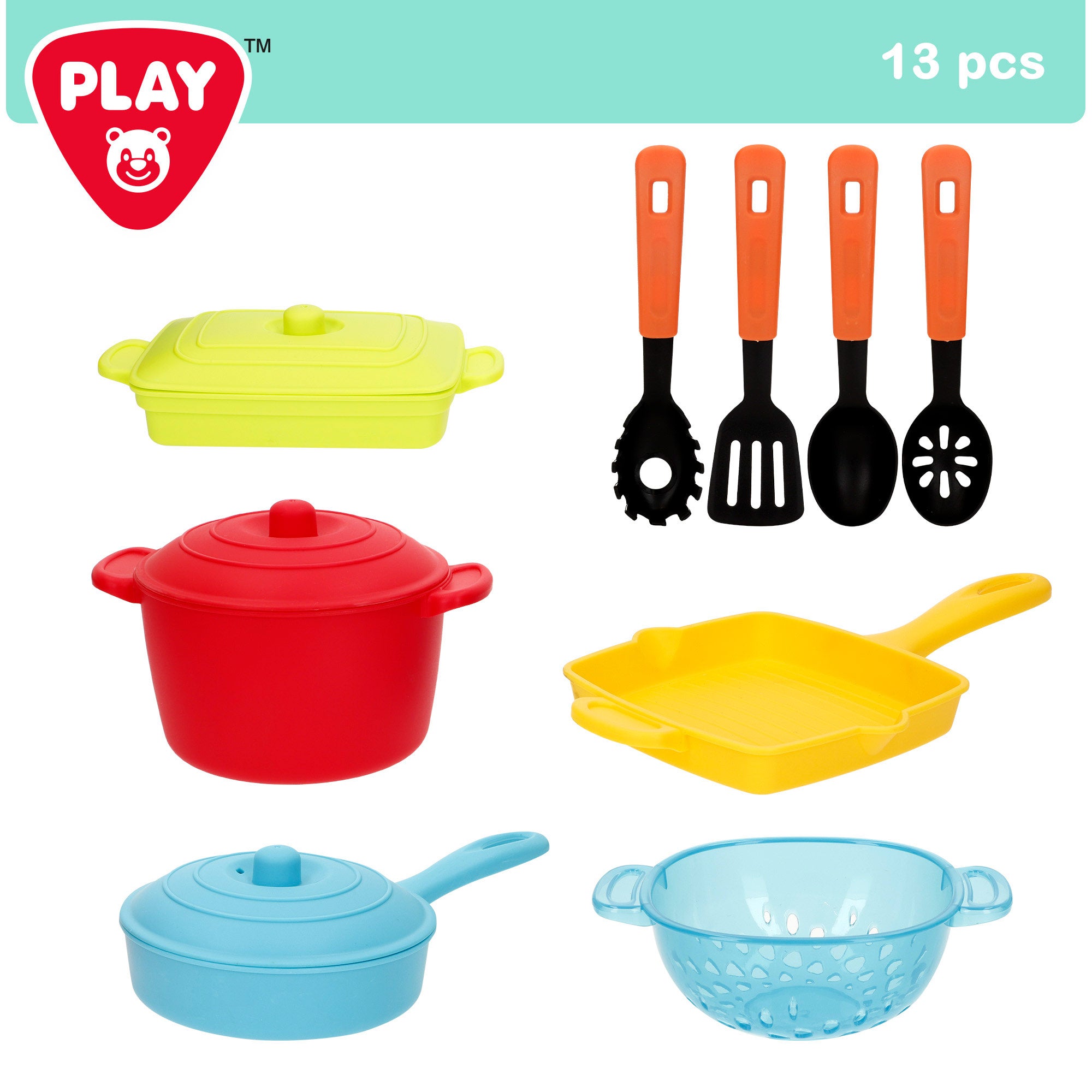 Trem de cozinha infantil PLAY com 13 peças, incluindo panelas, frigideira, escorredor e utensílios.