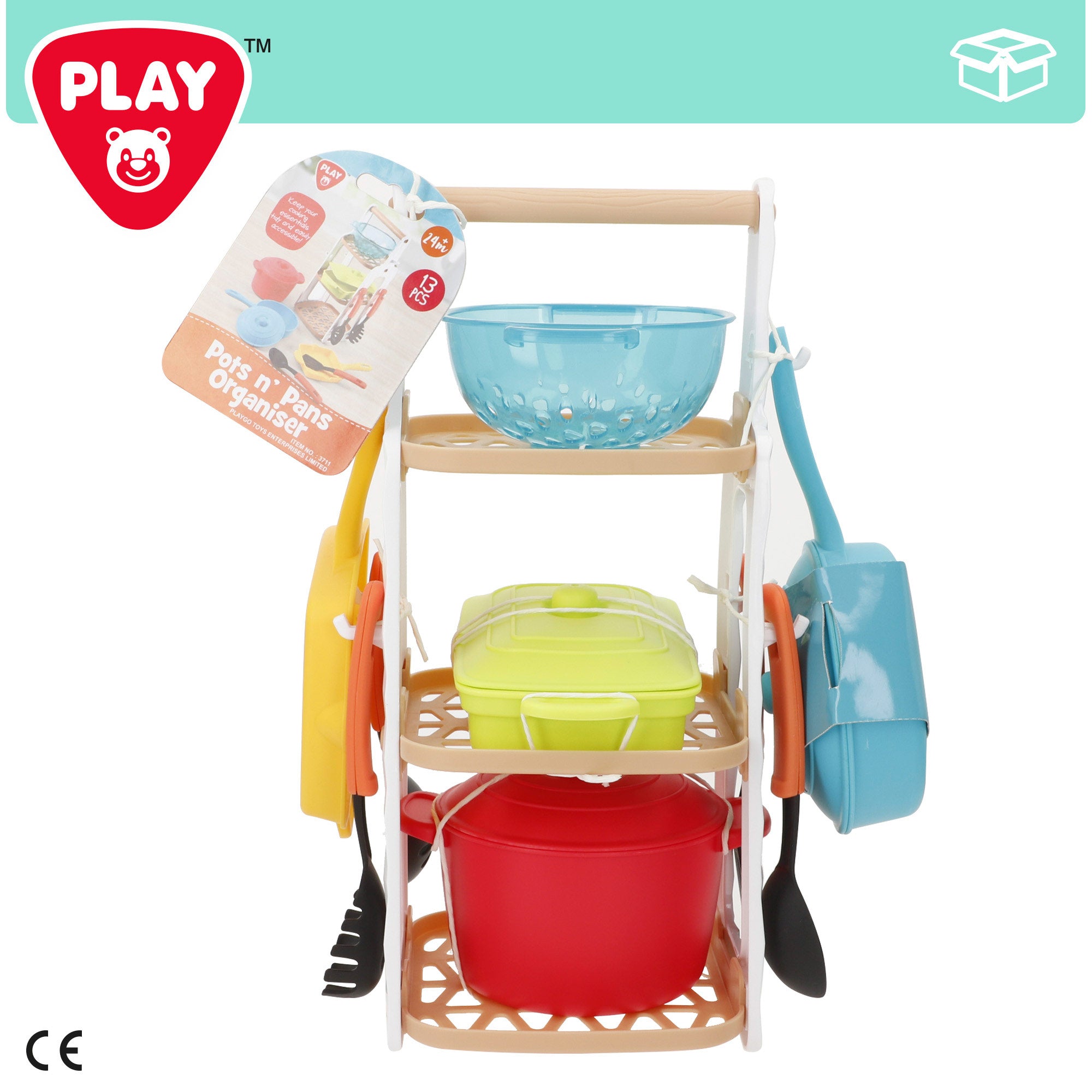 Trem de cozinha infantil PLAY com 13 peças, incluindo panelas, frigideira, escorredor e utensílios.