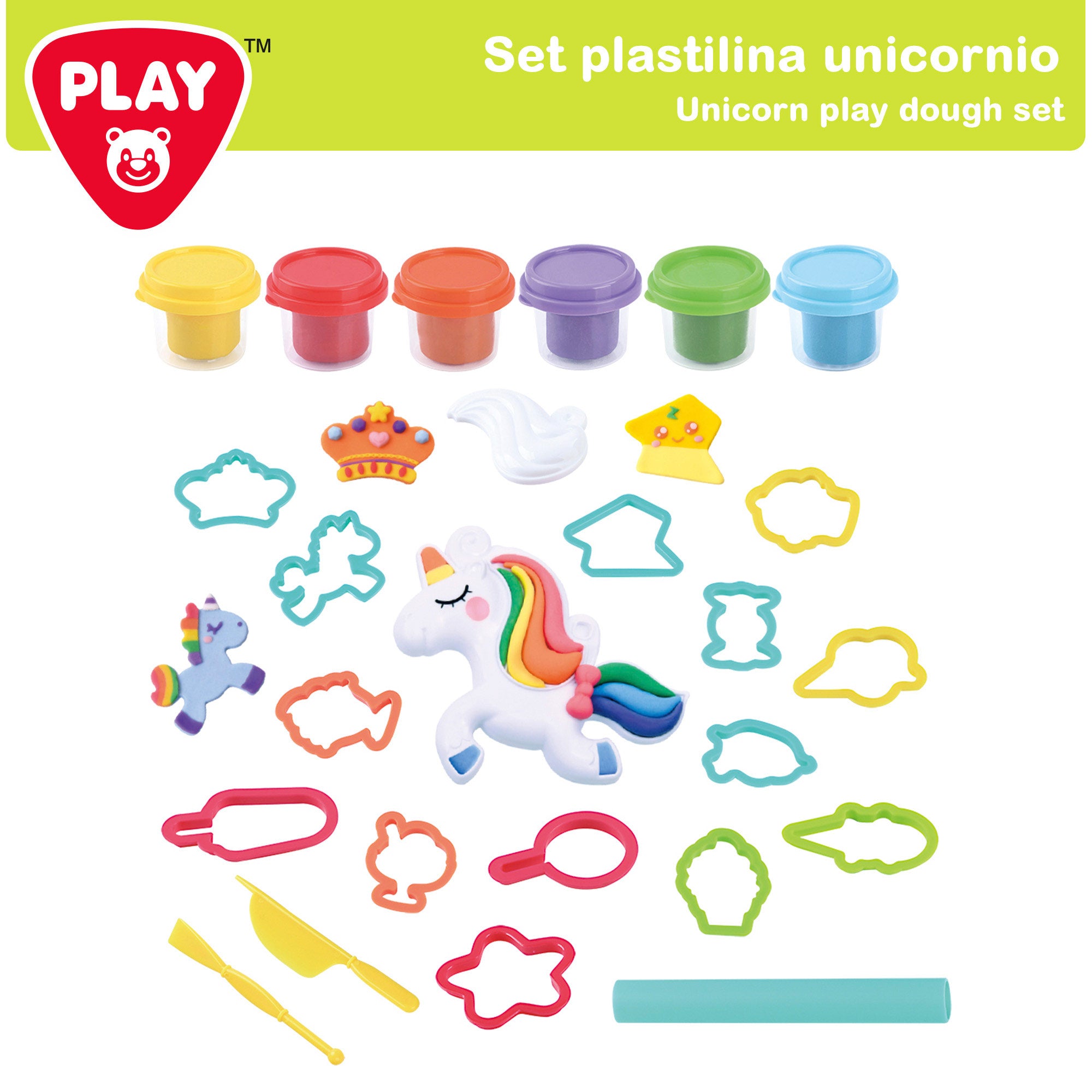Conjunto de plasticina de modelar Unicórnio PLAY com moldes e acessórios.