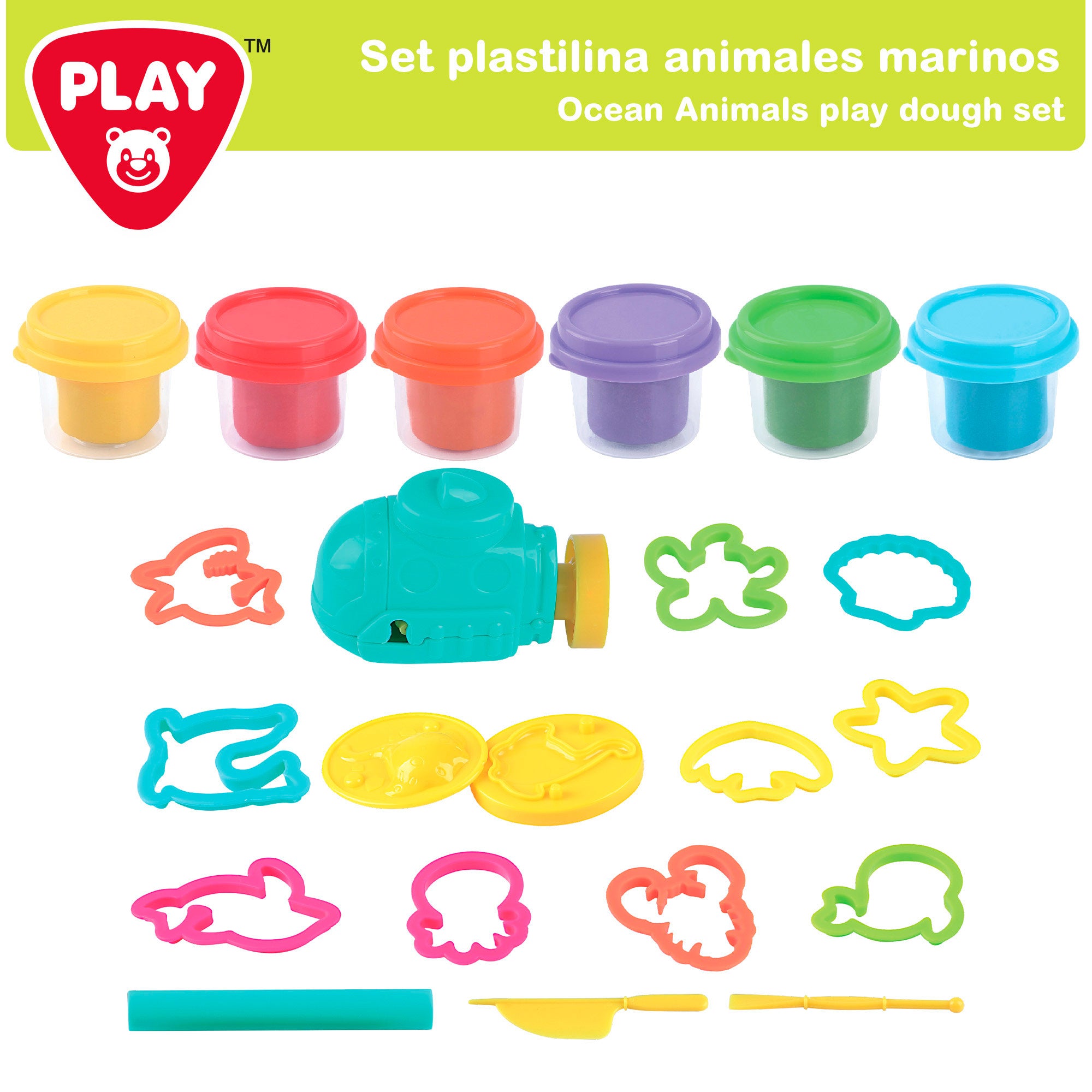 Conjunto de criaturas marinhas Play-Doh com moldes e acessórios.